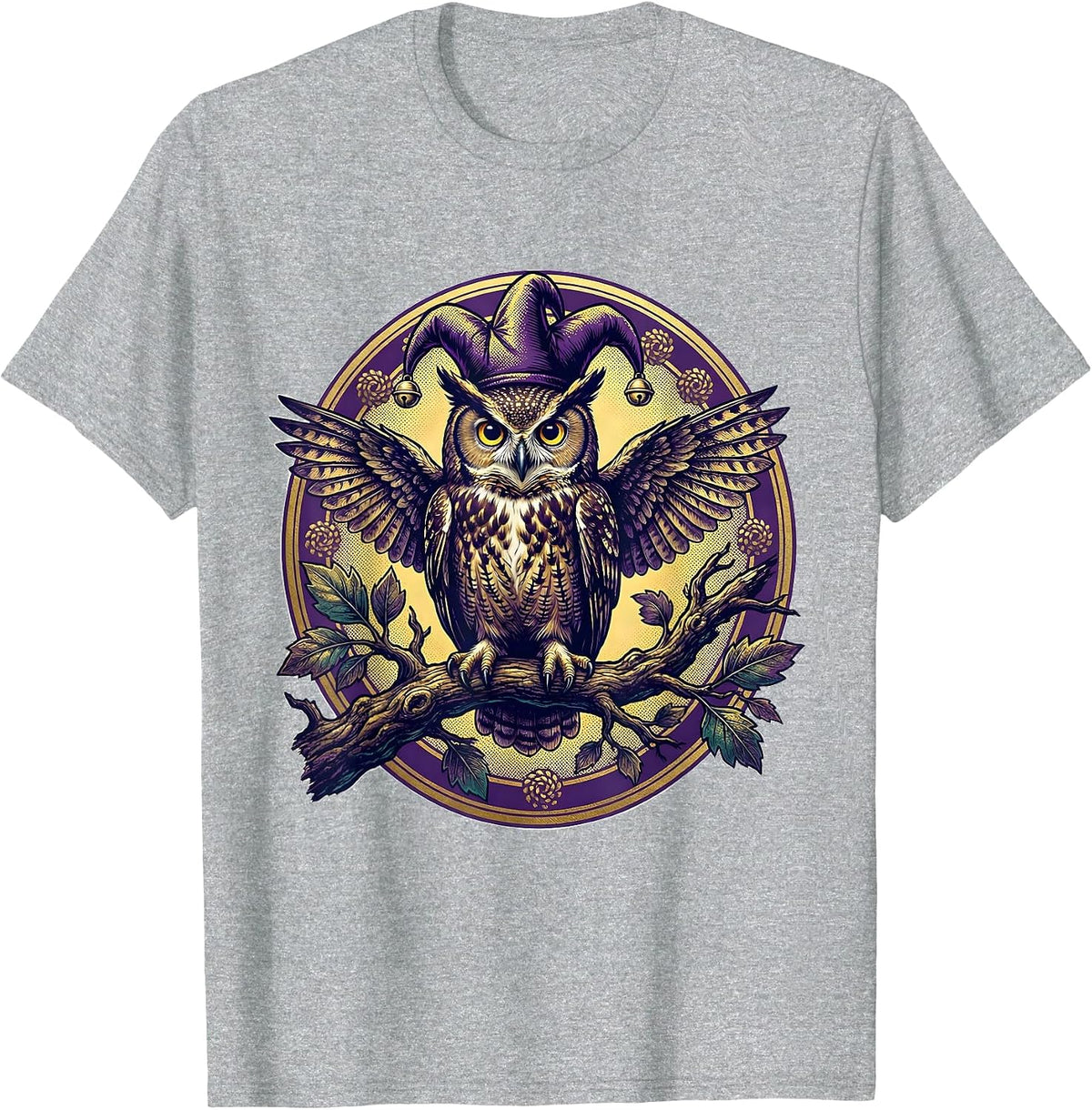 Men's Mardi Gras Owl Jester Hat Oak Branch Design T-Shirt - Heather Grey