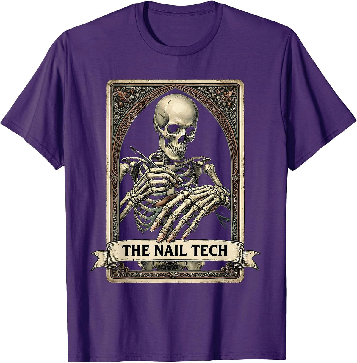 The Nail Tech Vintage Tarot Card Skeleton Halloween Role T-Shirt - Purple