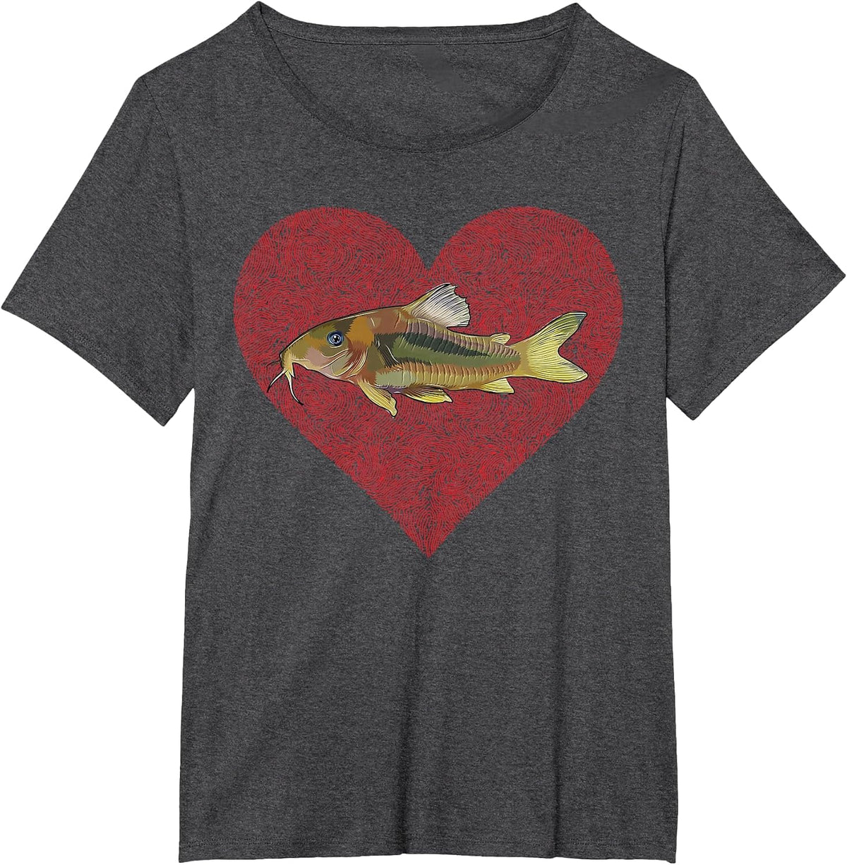 Corydoras Catfish Valentine's Day Fish Love Fingerprint T-Shirt - Dark Heather Grey