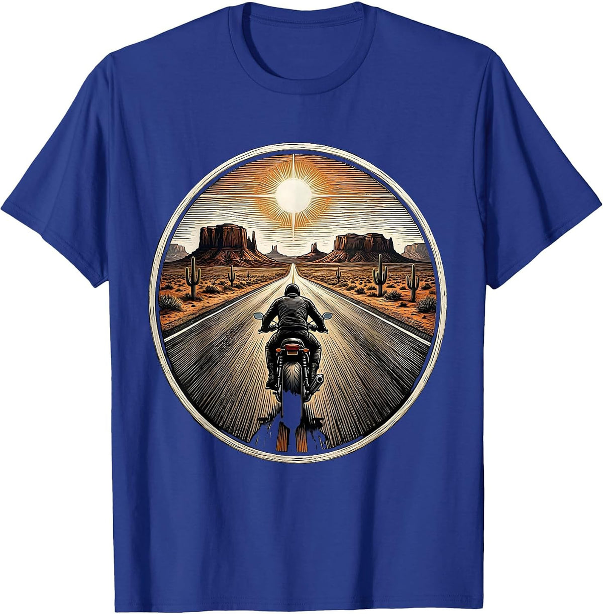 Men's Lone Biker Desert Highway Motorcycle Graphic T-Shirt - Royal Blue