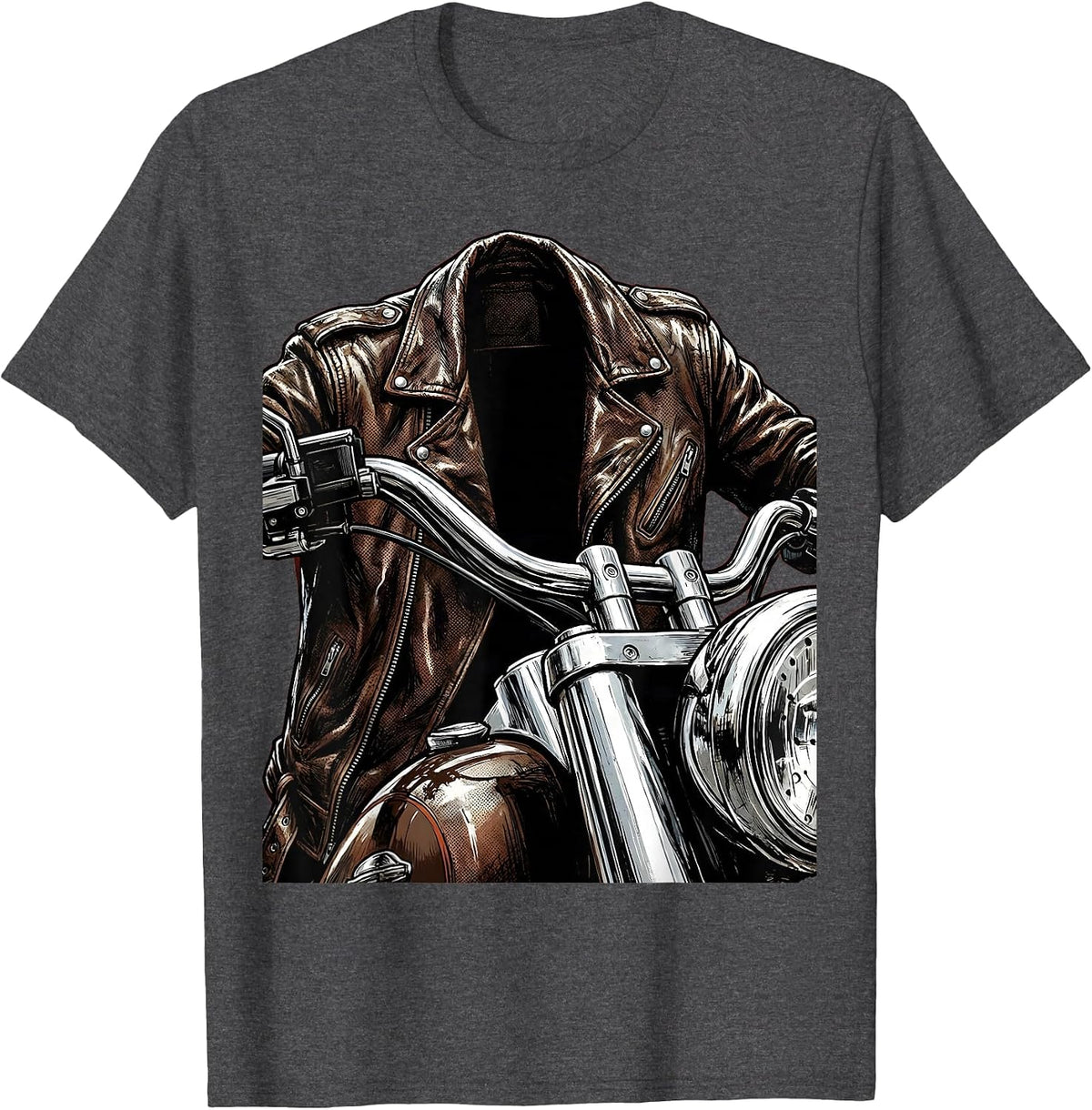 Men's Retro Motorcycle Leather Jacket Graphic Tee T-Shirt - Dark Heather Grey