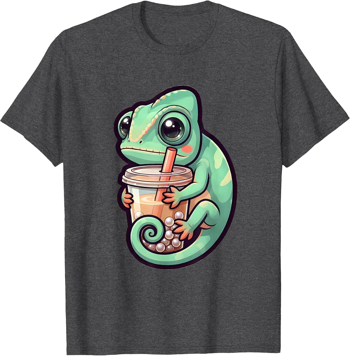 Chibi Chameleon Kawaii Boba Tea Anime Girl T-Shirt - Dark Heather Grey