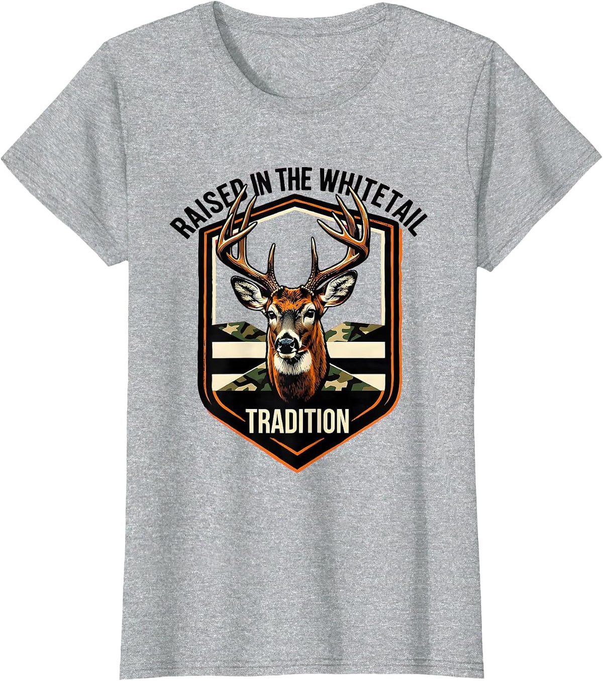 Raised In The Whitetail Tradition Stencil Camo Deer Hunter T-Shirt - Heather Grey