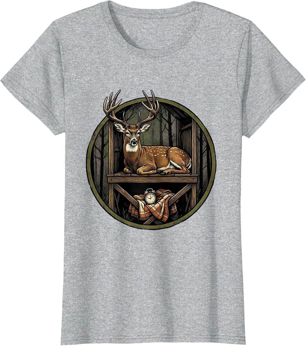 Deer Hunter Buck in Stand Funny Hunting Humor T-Shirt - Heather Grey