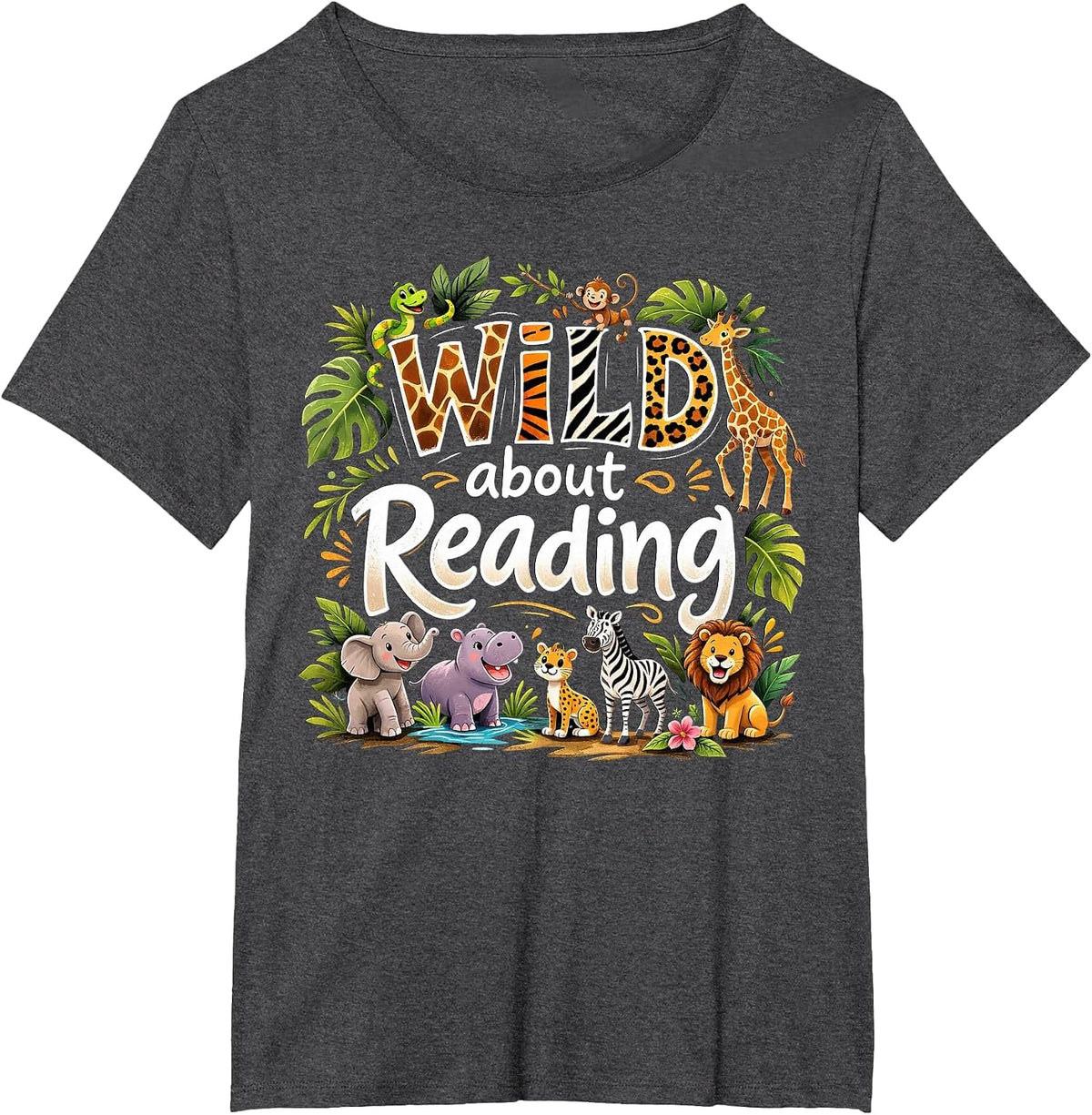 Wild About Reading Animal Reader Lover Librarian Bookworm T-Shirt - Dark Heather Grey