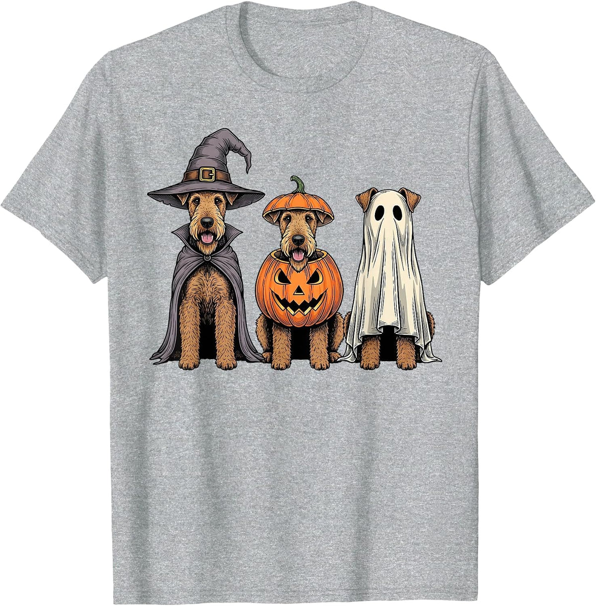 Spooky Ghost Airedale Terrier Pumpkin Halloween Dog Lover T-Shirt - Heather Grey