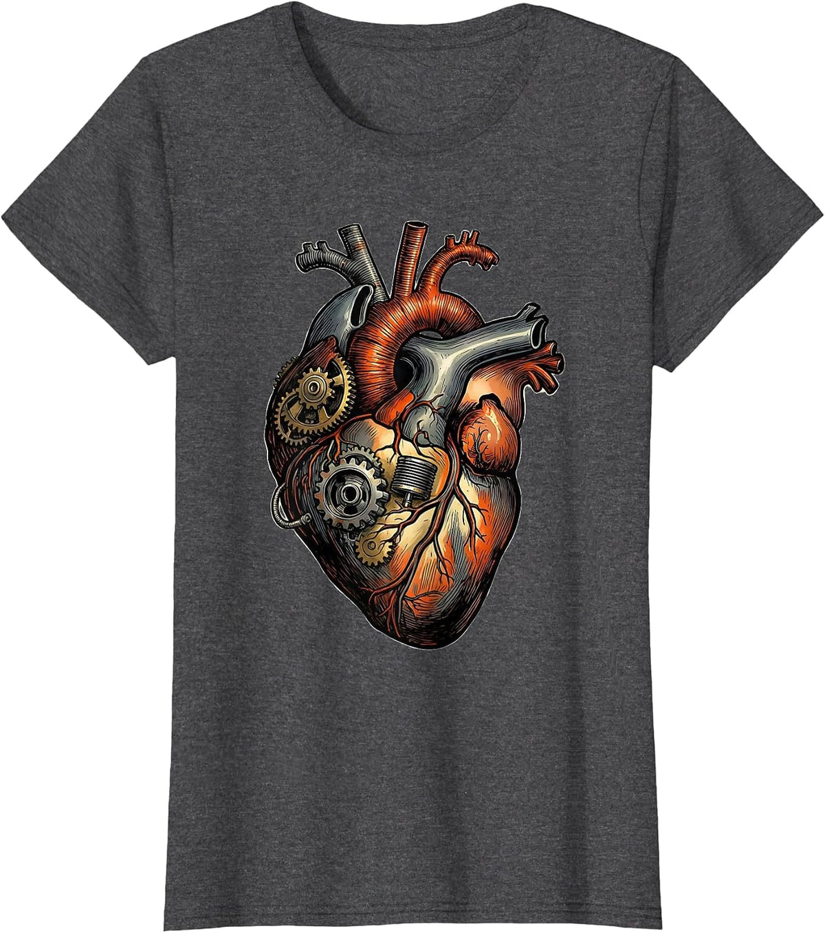 Women's Mechanical Heart Gears and Pistons Motorcycle Design T-Shirt - Dark Heather Grey
