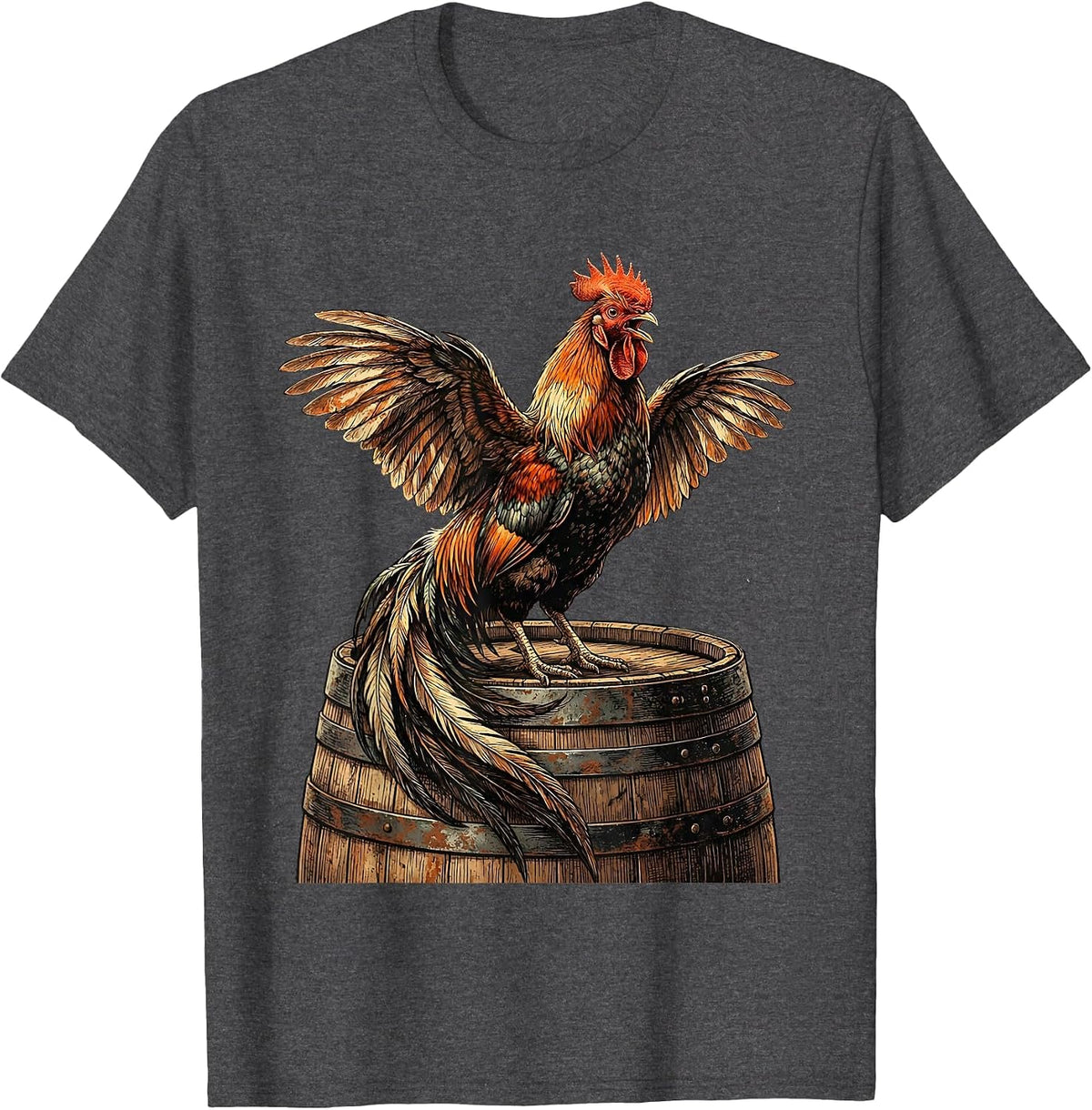 Men's Rooster Crowing on Wooden Keg Graphic T-Shirt - Dark Heather Grey