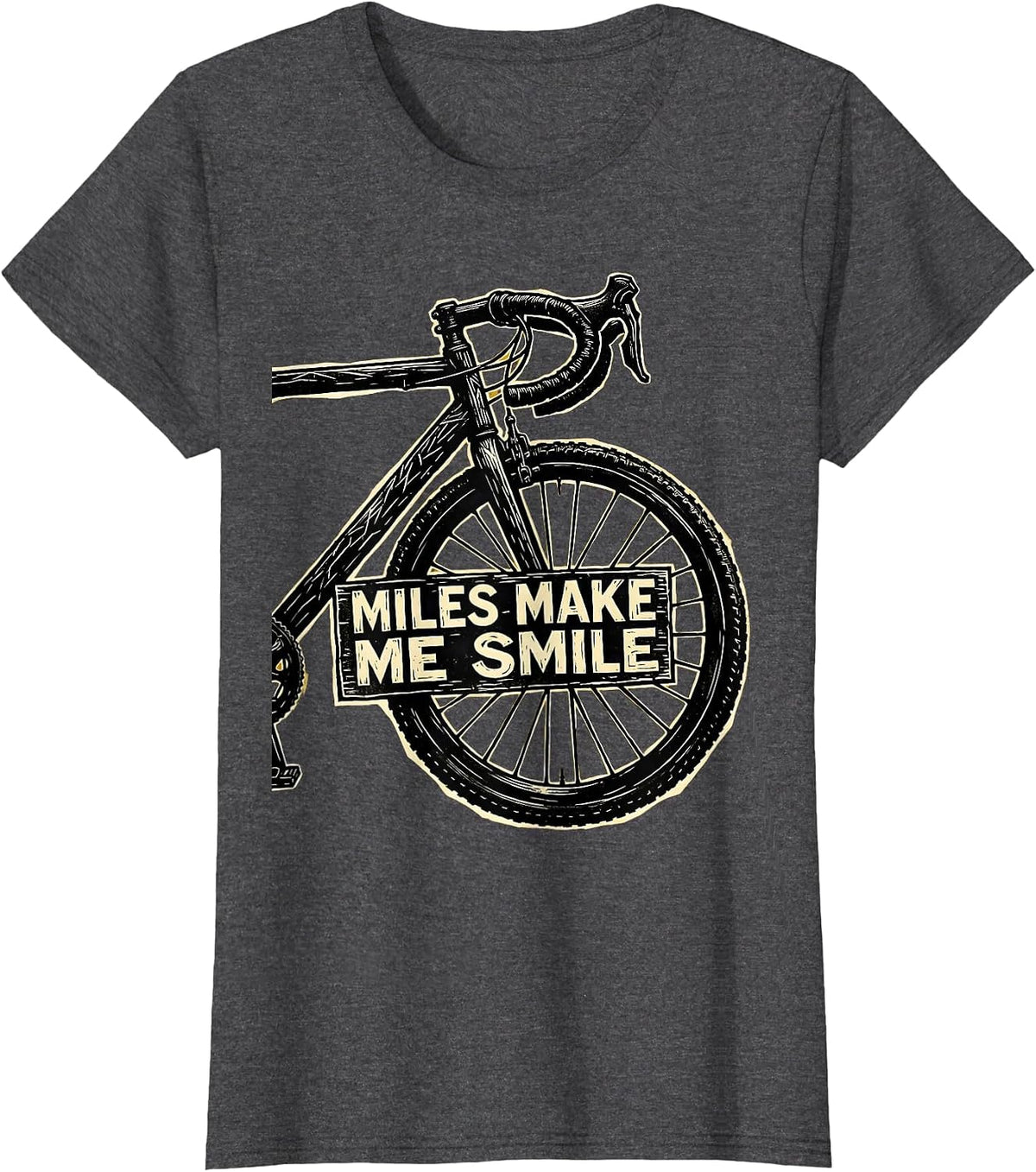 Women's Miles Make Me Smile Bike Cycling Design T-Shirt - Dark Heather Grey