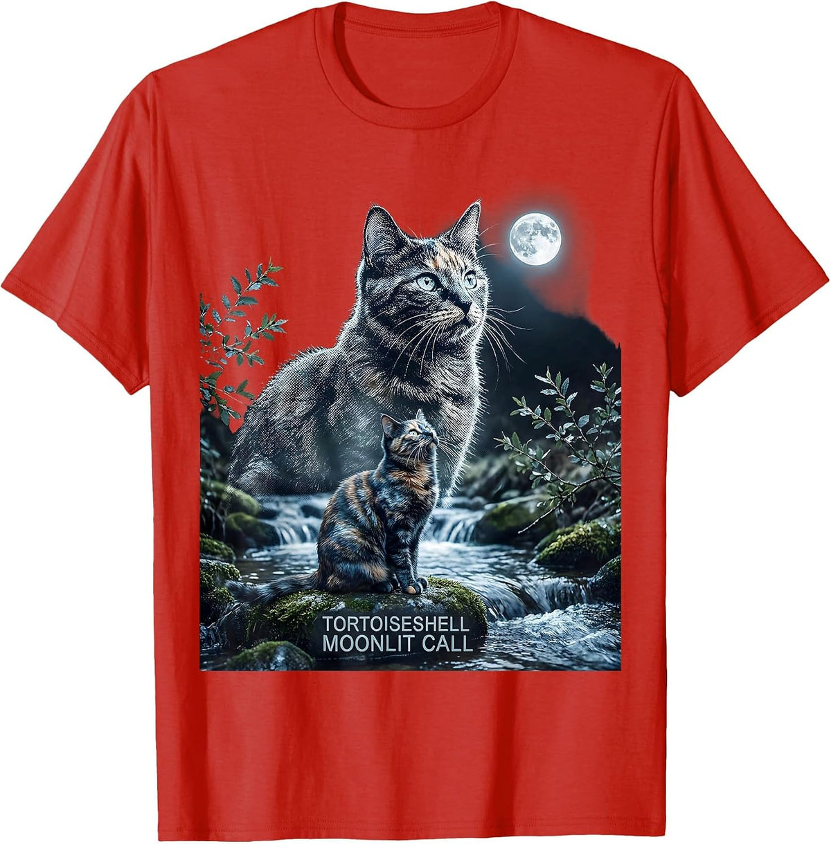 Men's Tortoiseshell Moonlit Call 90s Retro Cat Portrait T-Shirt - Red