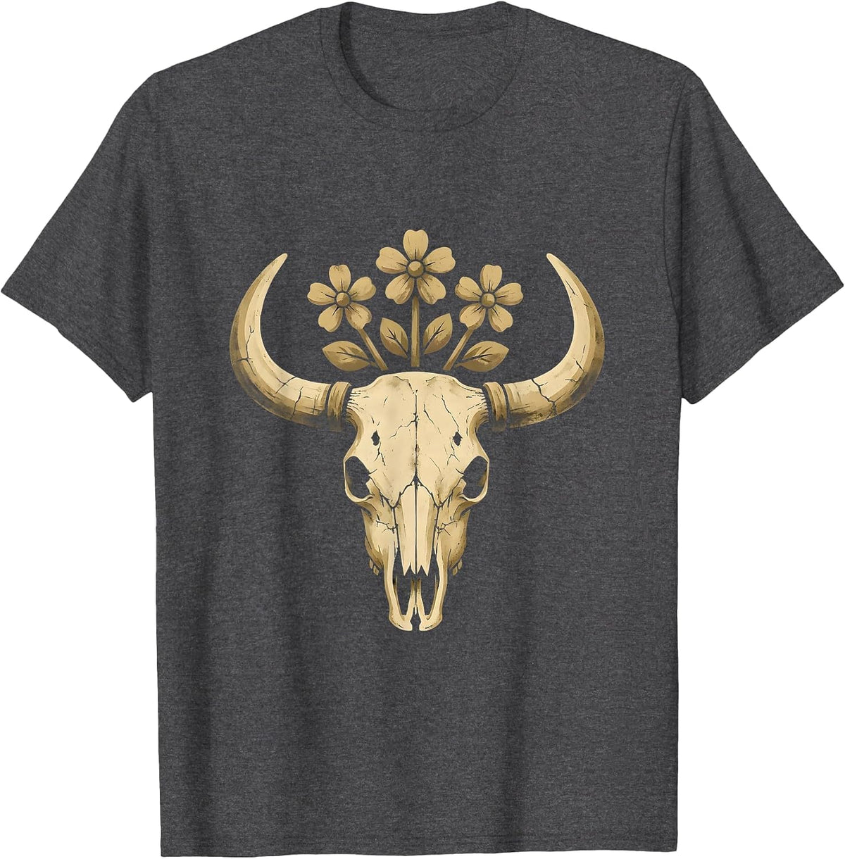 Cow Skull Wild Prairie Flowers 90s Country T-Shirt - Dark Heather Grey