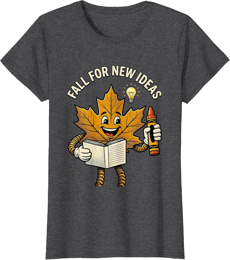 Women's Fall For New Ideas Retro Cartoon Teacher Fall Festival T-Shirt - Dark Heather Grey