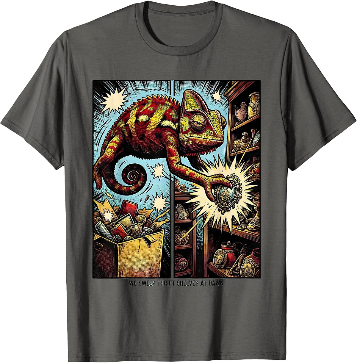 Men's We Sweep Thrift Shelves At Dawn Comic Book Vintage Thrift T-Shirt - Asphalt Grey