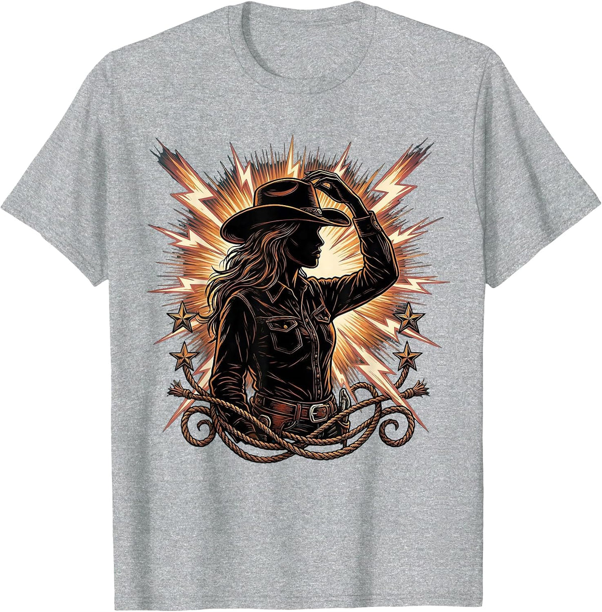 Men's Cowgirl Tipping Hat Lightning Bolt Illustration T-Shirt - Heather Grey