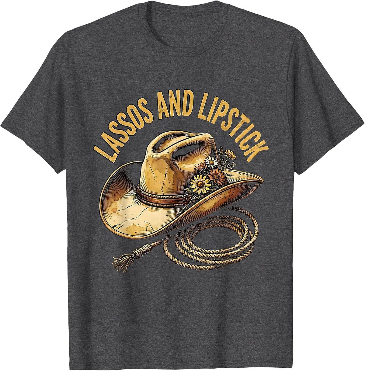 Lassos and Lipstick Cowgirl Graphic Design T-Shirt - Dark Heather Grey