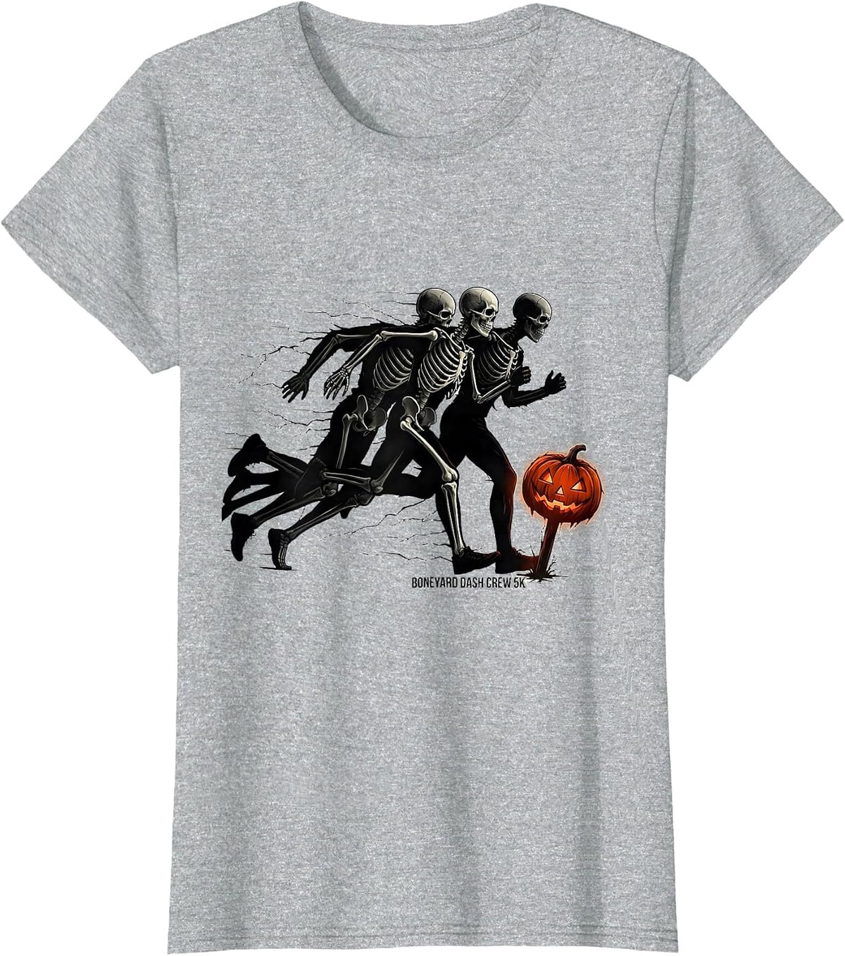 Women's Boneyard Dash Crew 5K Horror Skeleton Runner Halloween Fun T-Shirt - Heather Grey