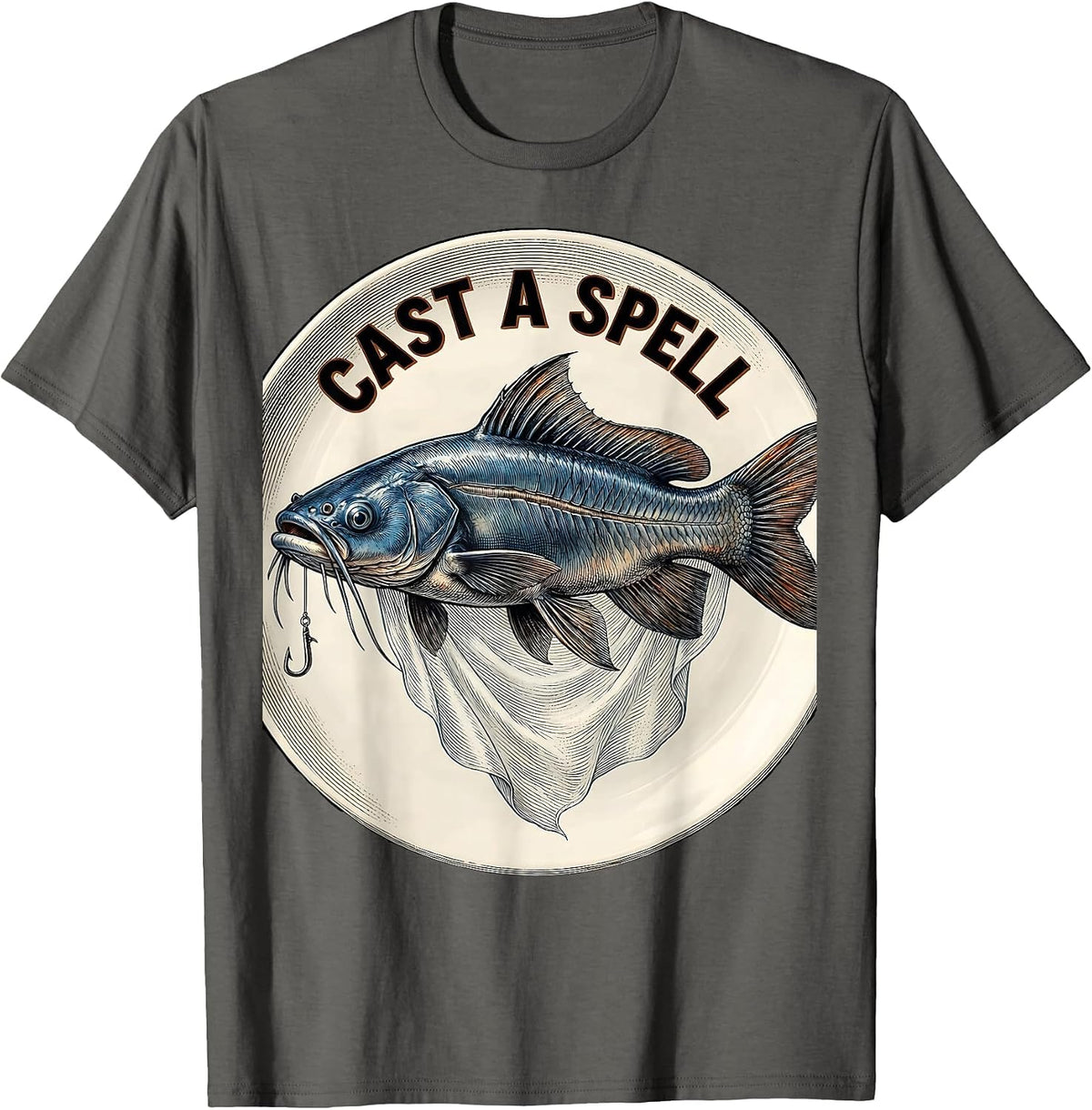 Cast A Spell Botanical Blue Catfish Ghostly Halloween T-Shirt - Asphalt Grey