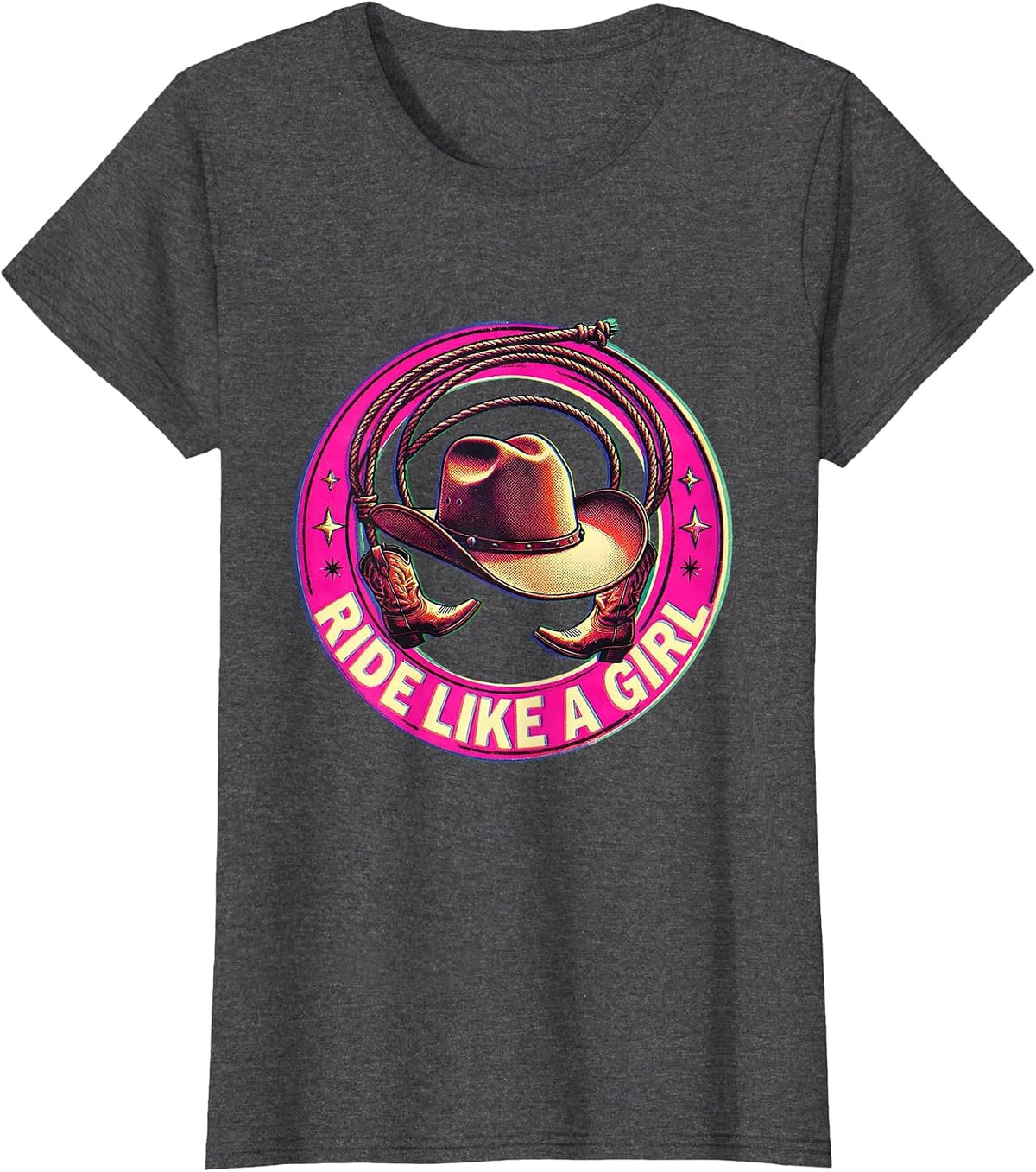 Women's Ride Like a Girl Pink Cowgirl Design T-Shirt - Dark Heather Grey