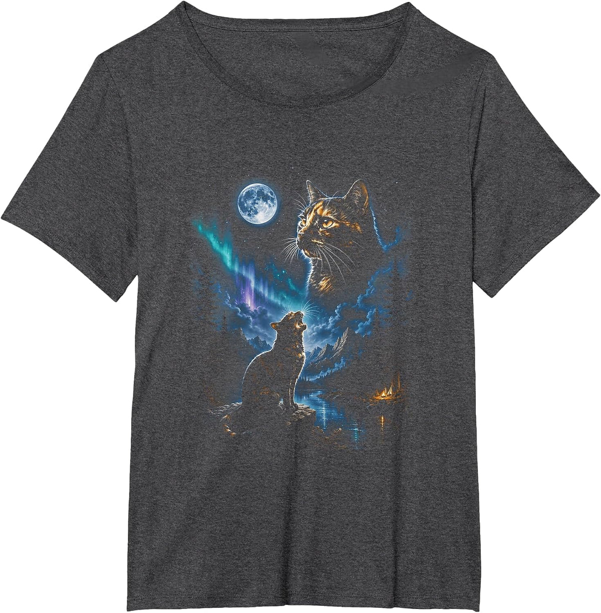 Tortoiseshell Cat Howling at Moon Vintage Cat Halloween T-Shirt - Dark Heather Grey