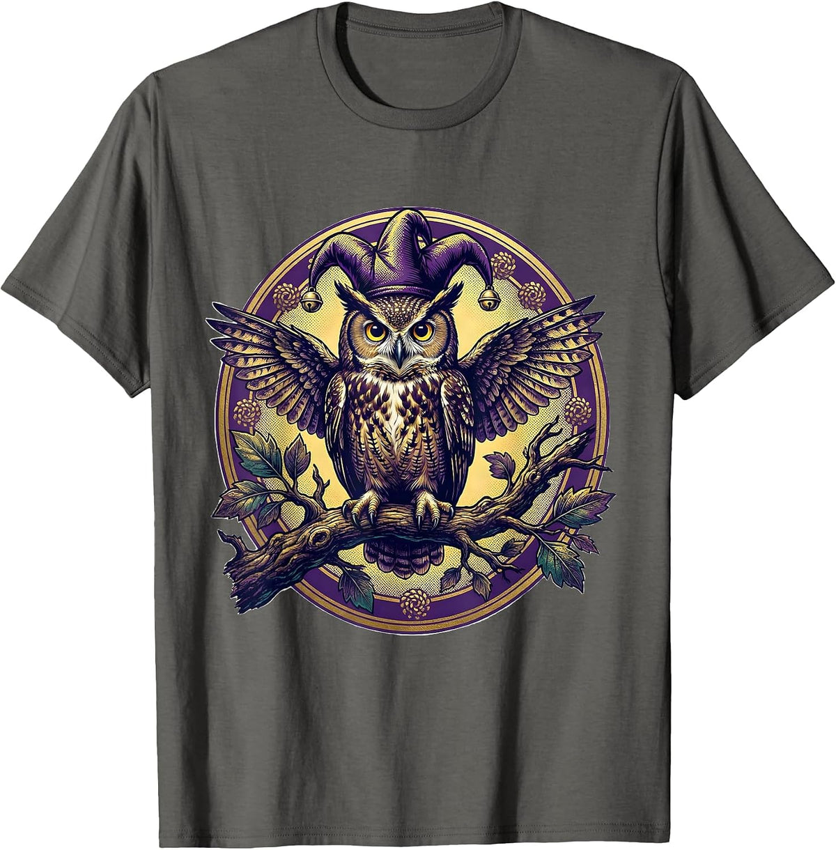 Men's Mardi Gras Owl Jester Hat Oak Branch Design T-Shirt - Asphalt Grey
