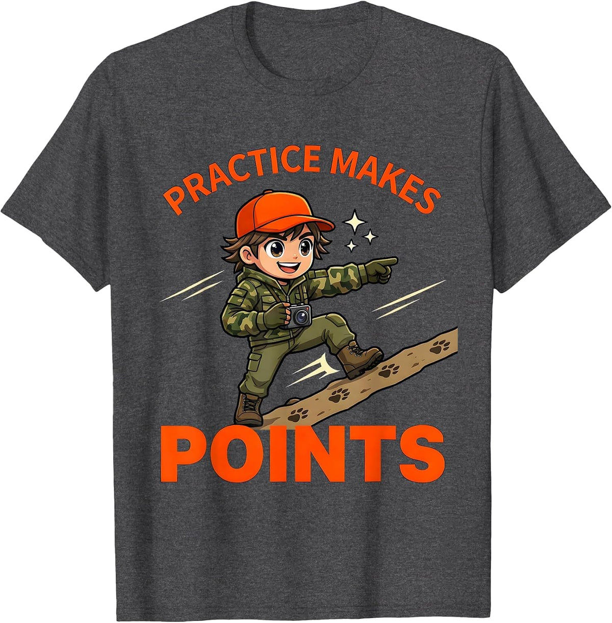 Men's PRACTICE MAKES POINTS Funny Deer Hunter Hunting Camp T-Shirt - Dark Heather Grey