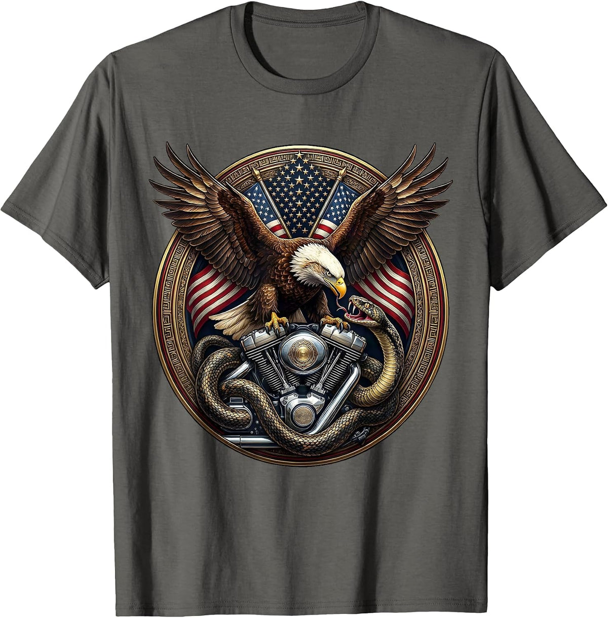 Serpent Coiled Motorcycle Engine Biker Design T-Shirt - Asphalt Grey