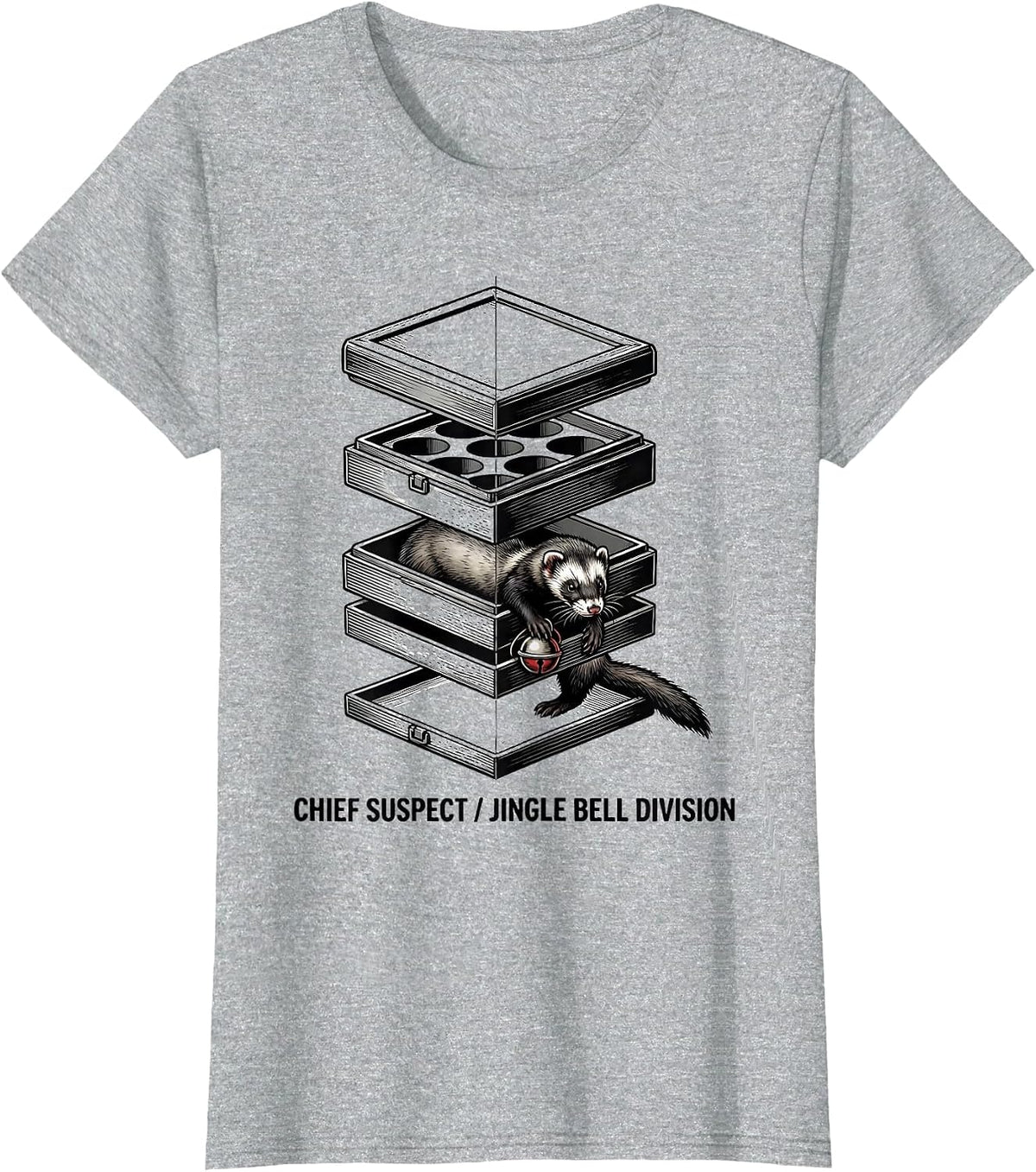 Women's Chief Suspect Jingle Bell Division Funny Ferret Lover Gift T-Shirt - Heather Grey