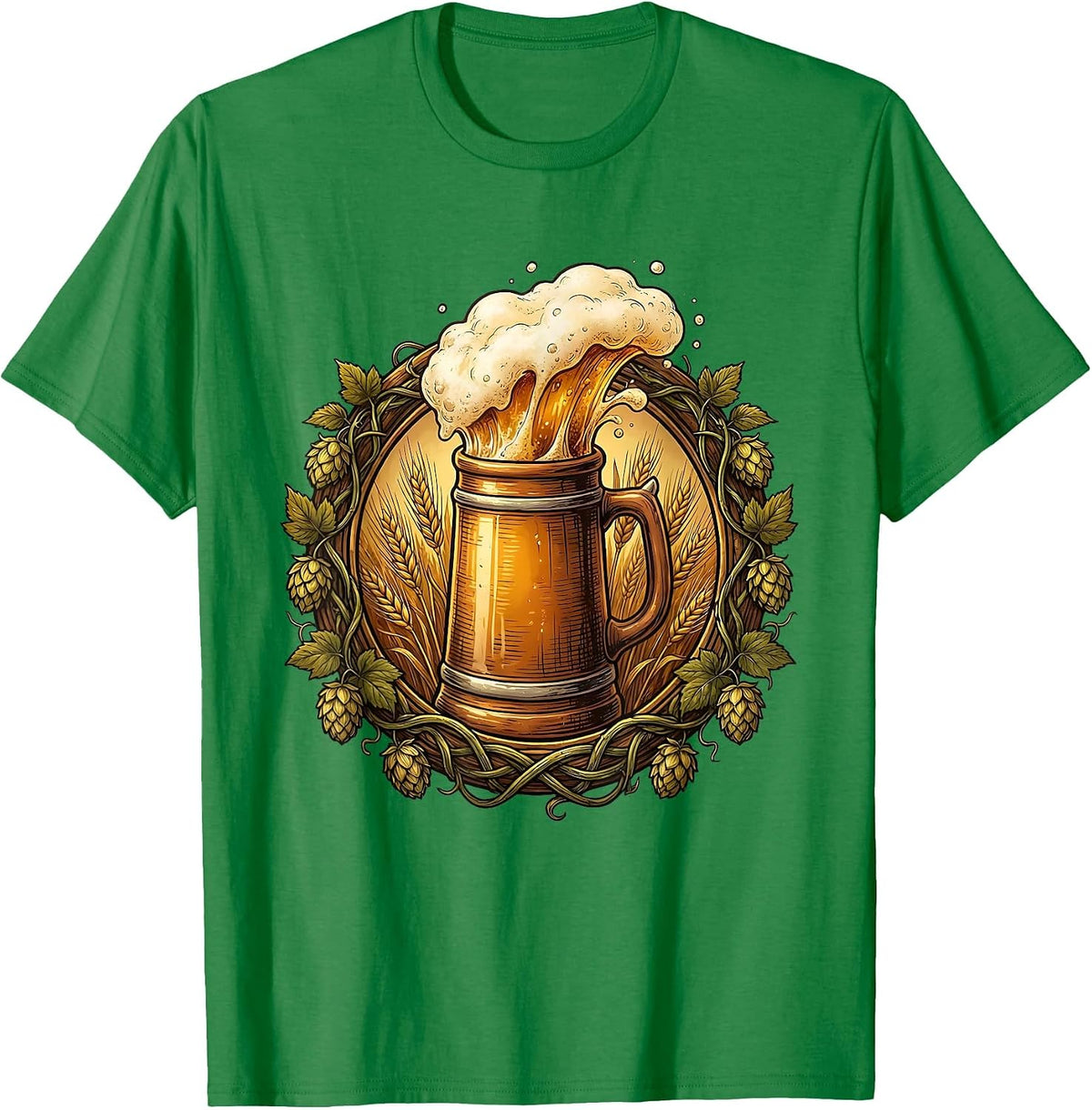 Men's Oktoberfest Beer Stein Overflowing Hops Graphic T-Shirt - Kelly Green