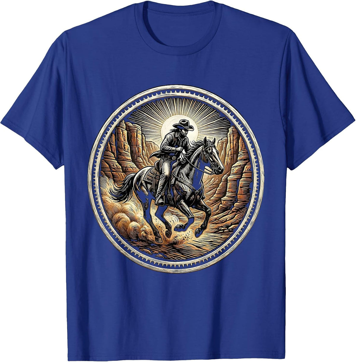 Cowboy Riding Into Canyon Dust Cloud Illustration T-Shirt - Royal Blue