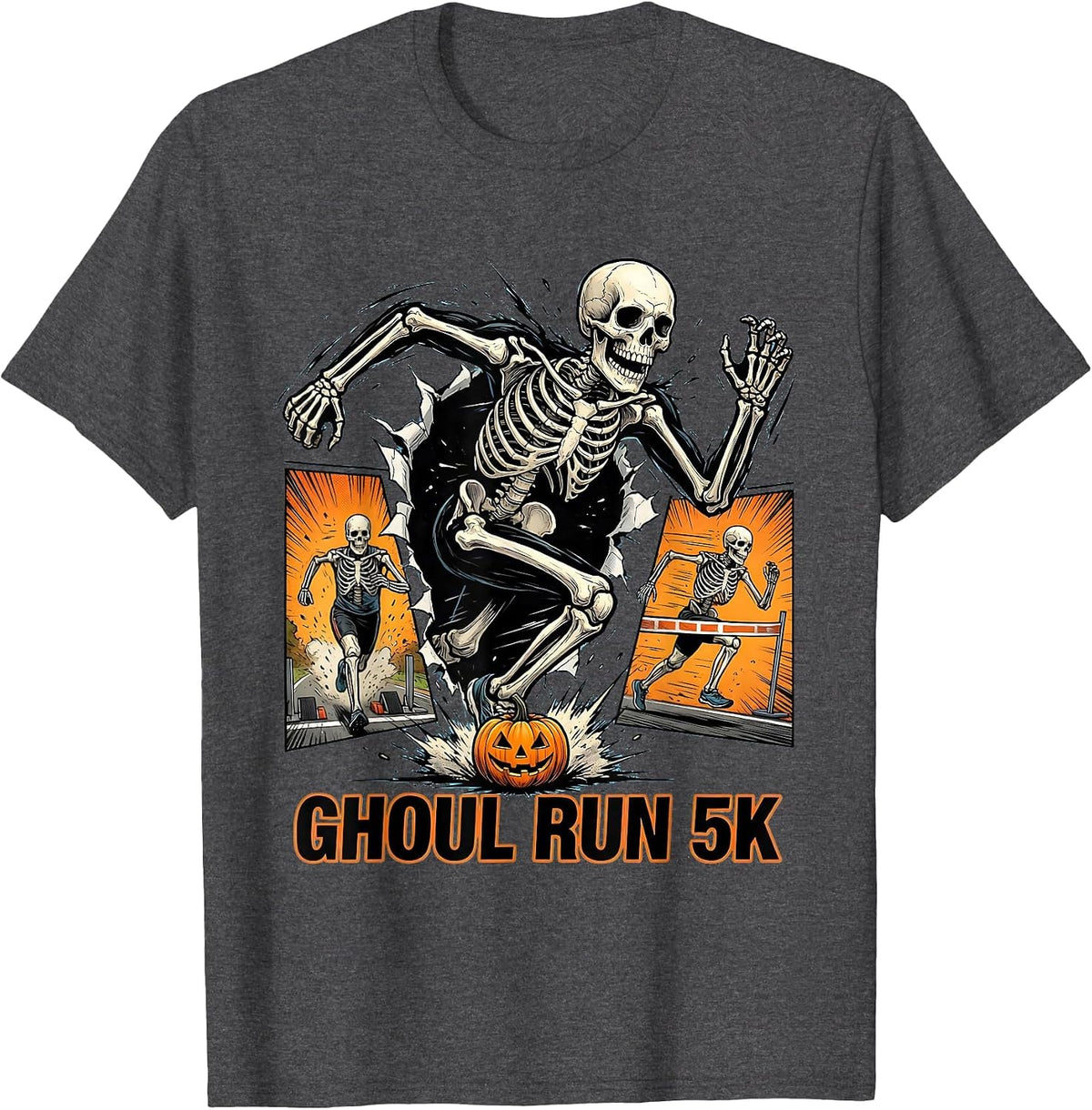 Men's Ghoul Run 5K Comic Book Skeleton Runner Halloween Fun Run T-Shirt - Dark Heather Grey