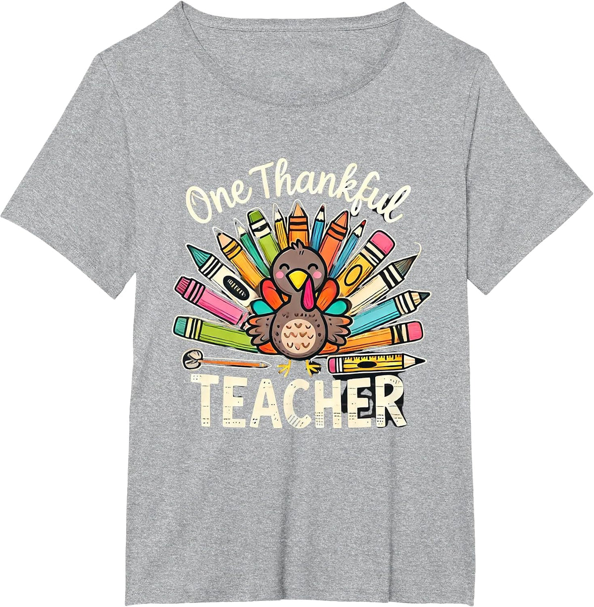 One Thankful Teacher Cute Thanksgiving Turkey School T-Shirt - Heather Grey