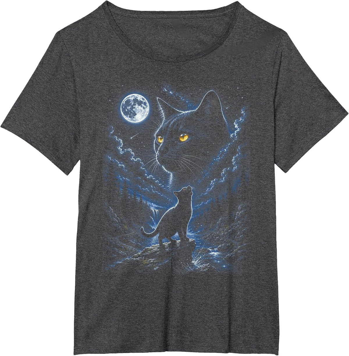 Black Cat Howling at Moon 90's Retro Nature Forest Cat Lover T-Shirt - Dark Heather Grey