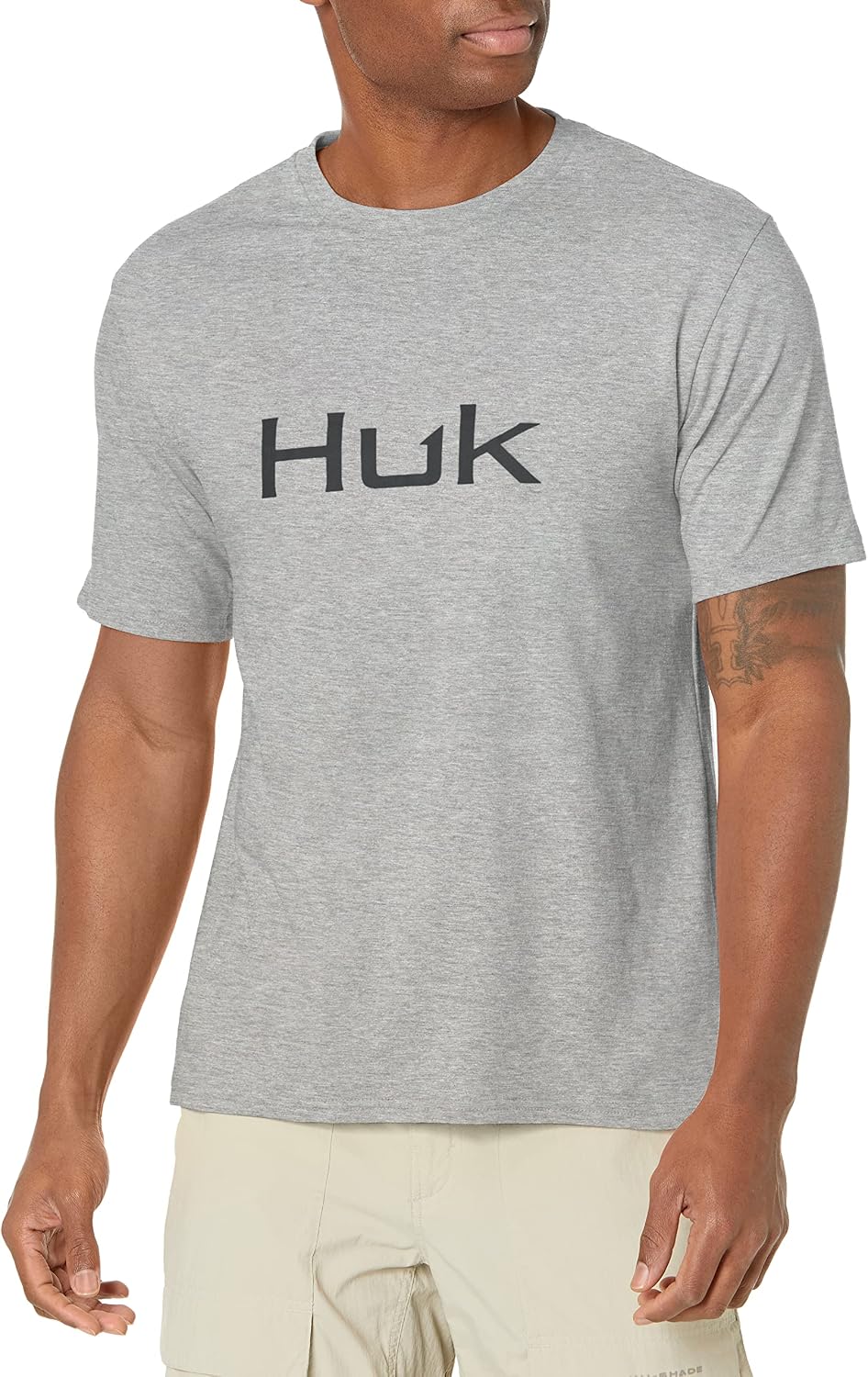 HUK Men's Performance Fishing Logo Tee, Short Sleeve, Quick-Dry - Heather Grey