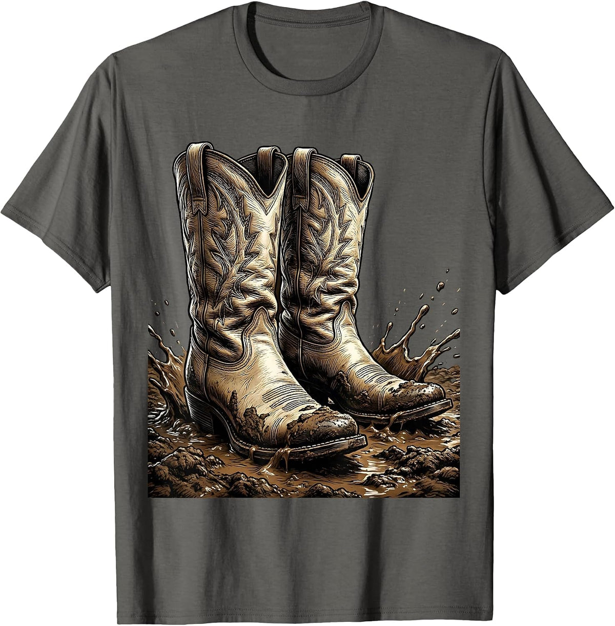 Men's Cowboy Boots in the Mud Western Graphic T-Shirt - Asphalt Grey