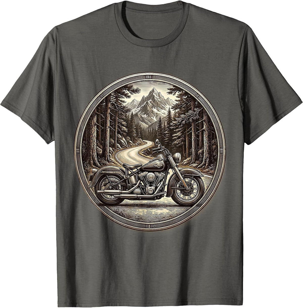 Men's Mountain Road Pine Forest Motorcycle Graphic T-Shirt - Asphalt Grey
