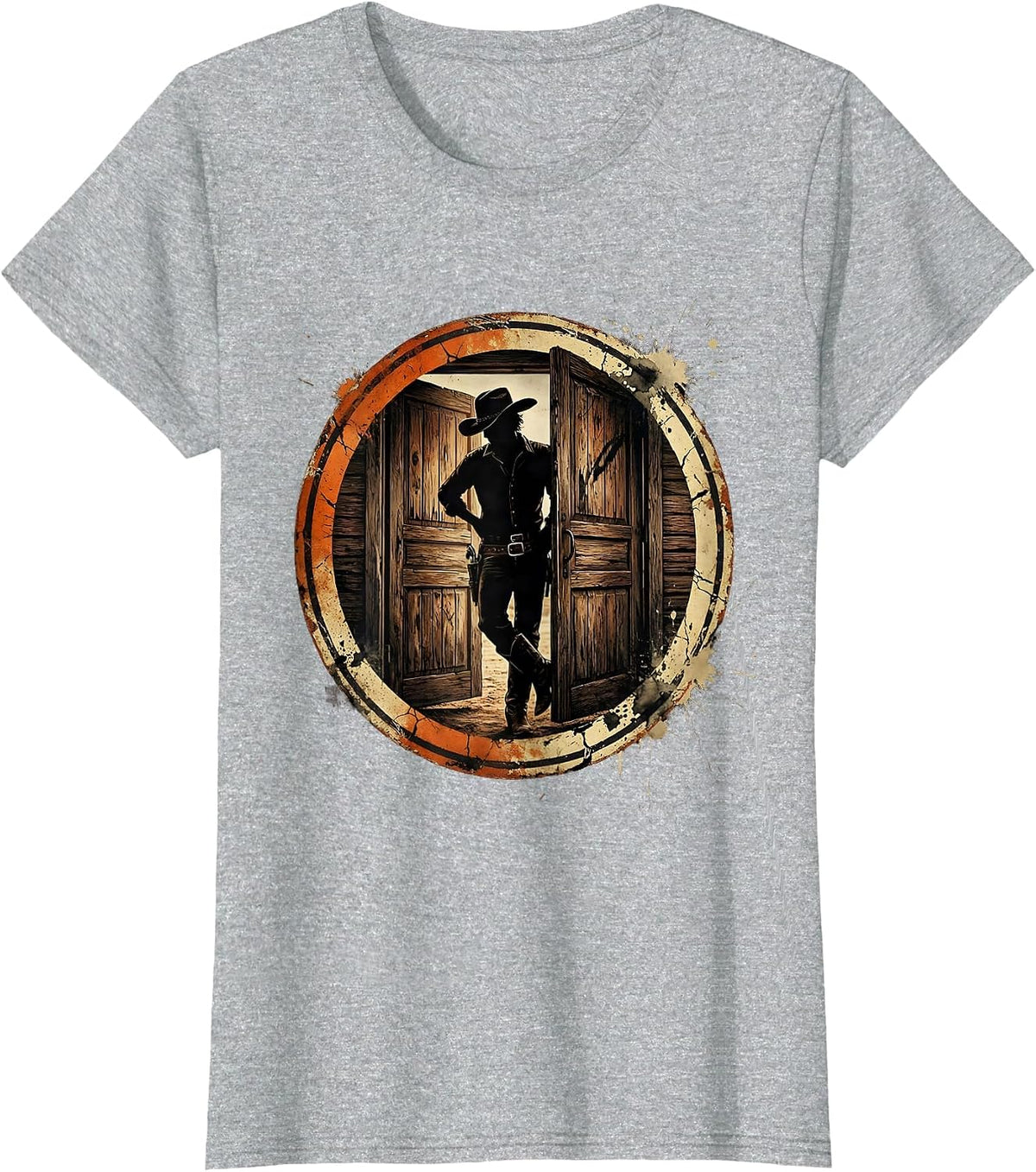 Women's Cowgirl Saloon Door Leaning Western Illustration T-Shirt - Heather Grey