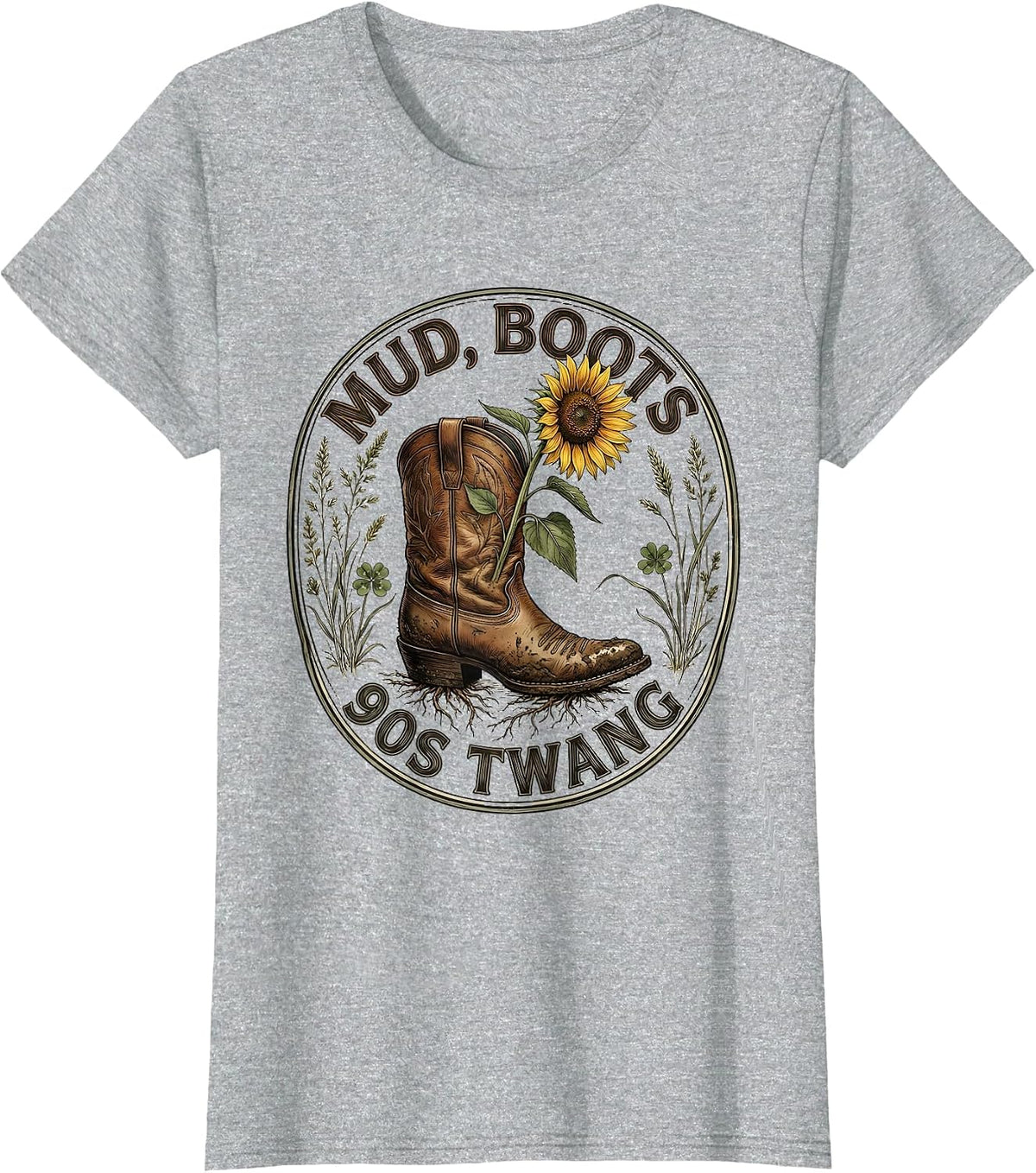 Mud Boots 90s Twang Country Music Design T-Shirt - Heather Grey