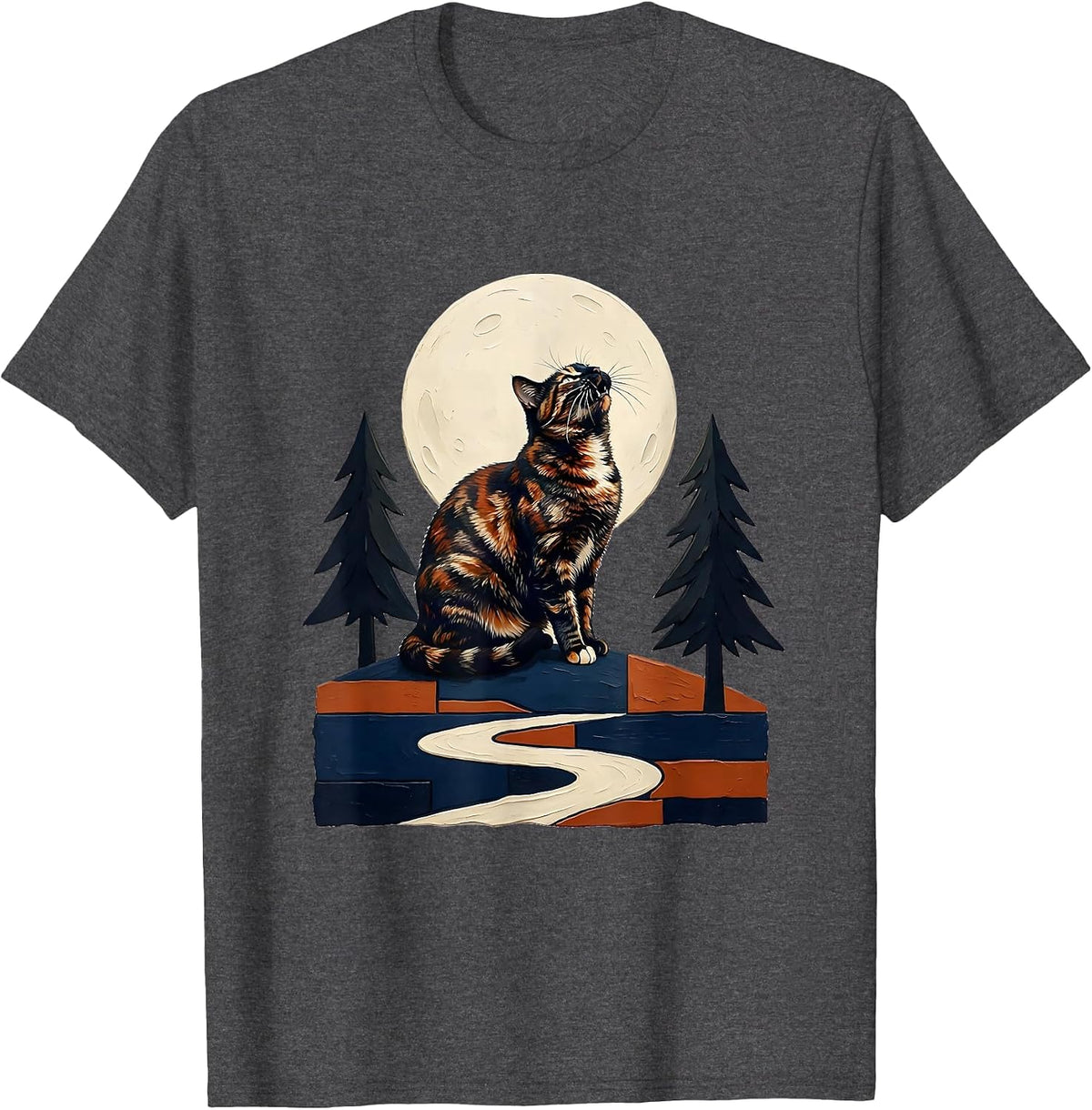 Men's Tortoiseshell Cat Howling at Moon Storybook Fantasy T-Shirt - Dark Heather Grey