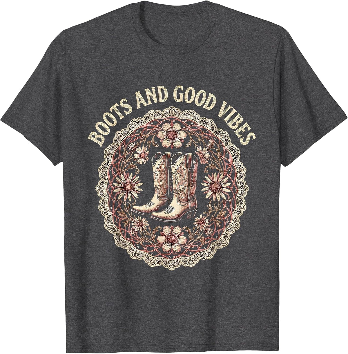 Boots and Good Vibes Country Music Design T-Shirt - Dark Heather Grey