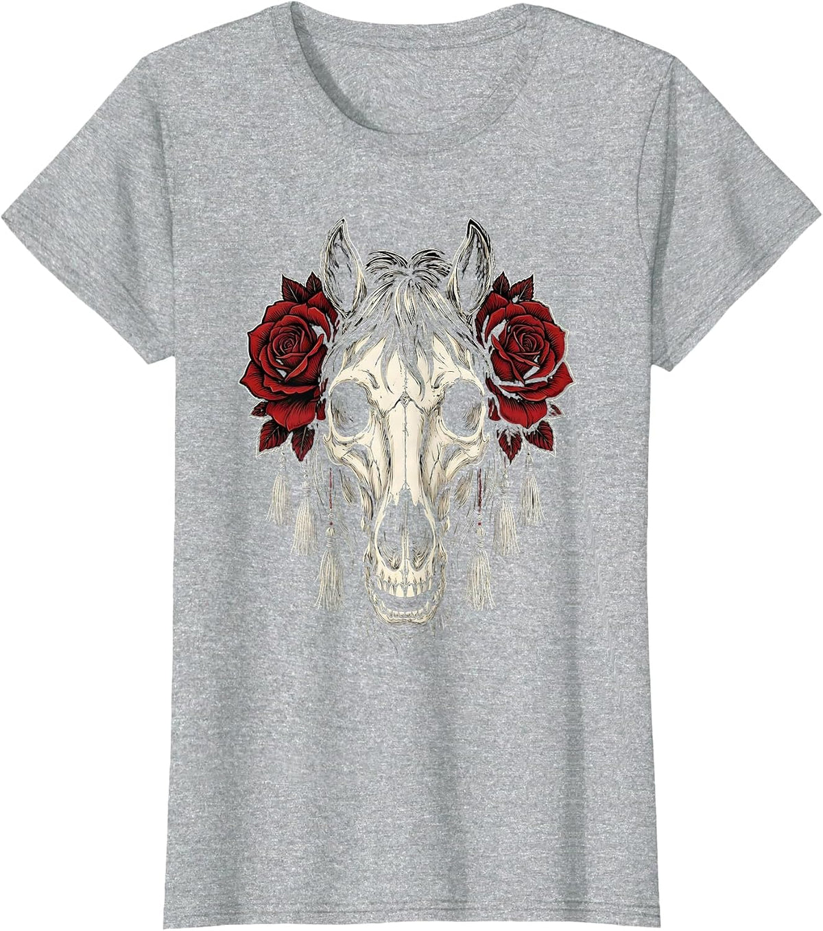 Women's Horse Skull Roses and Fringe Cowgirl Graphic T-Shirt - Heather Grey