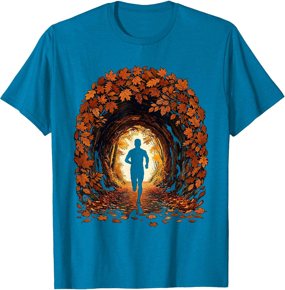 Runner Silhouette Autumn Leaf Tunnel Graphic Tee T-Shirt - Sapphire Blue