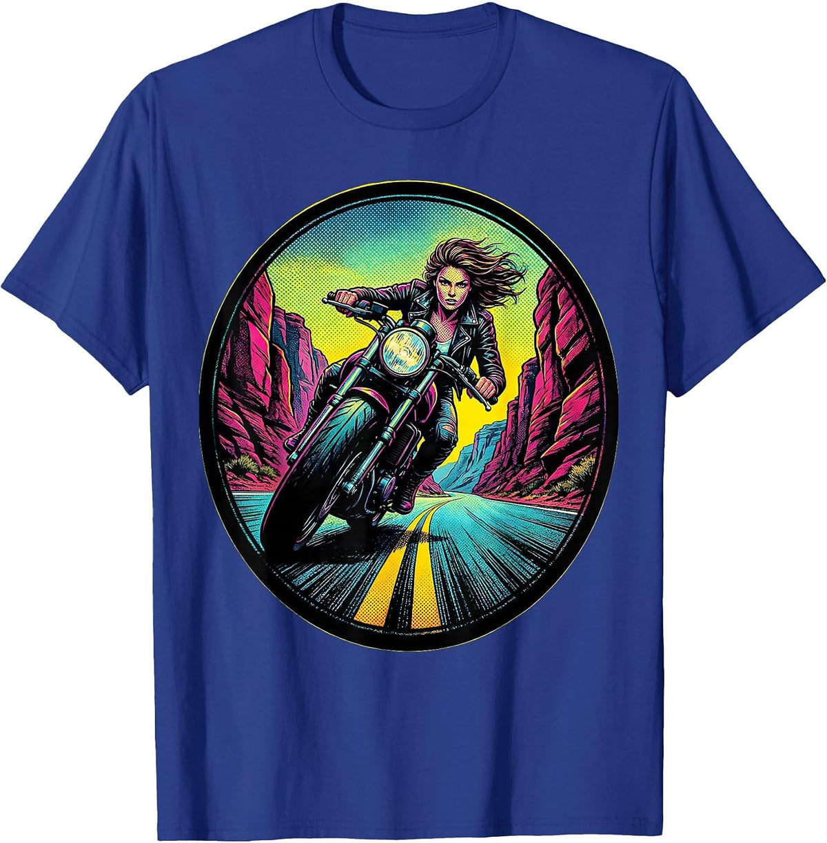 Motorcycle Rider Mountain Canyon Road Graphic T-Shirt - Royal Blue