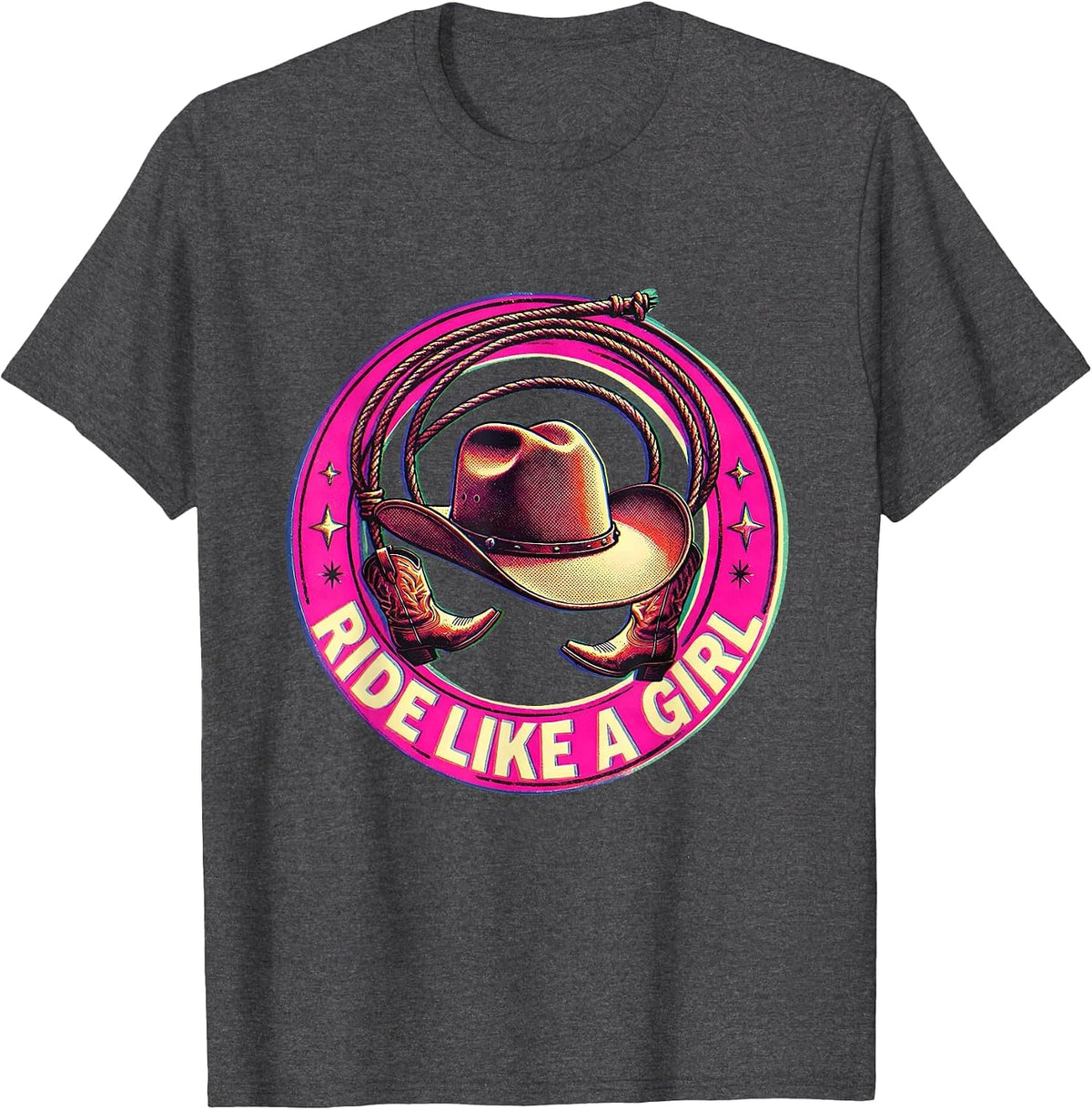 Men's Ride Like a Girl Pink Cowgirl Design T-Shirt - Dark Heather Grey