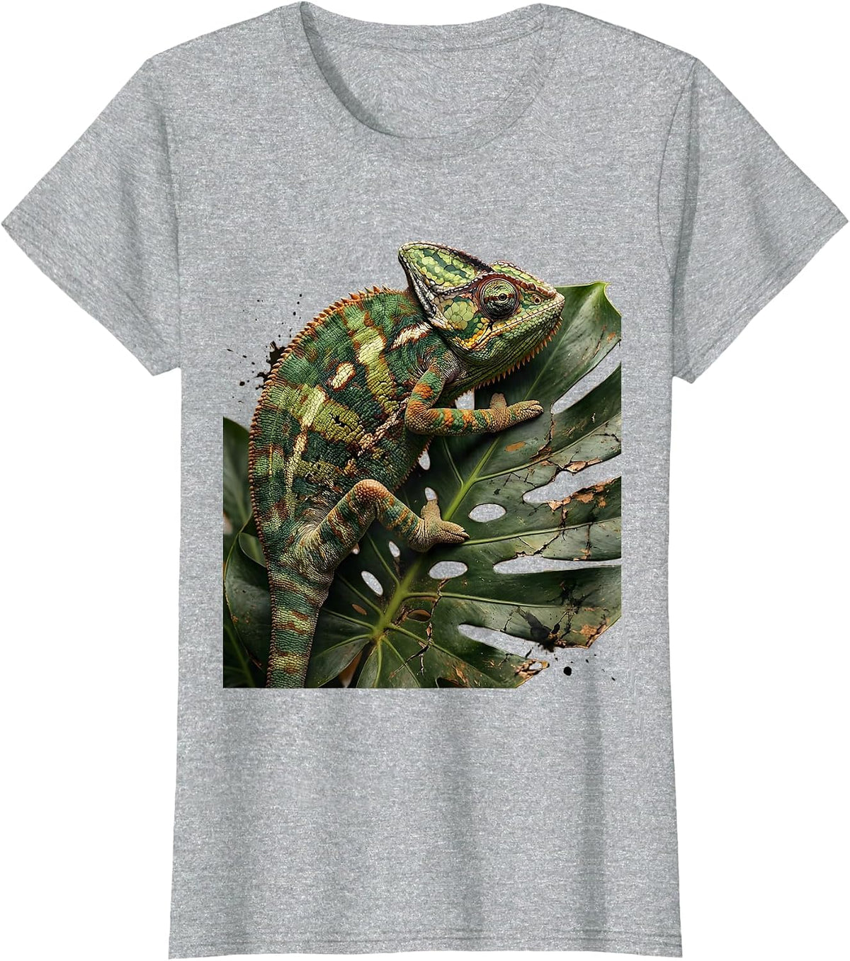 Chameleon Tropical Leaves Camouflage Art Design T-Shirt - Heather Grey