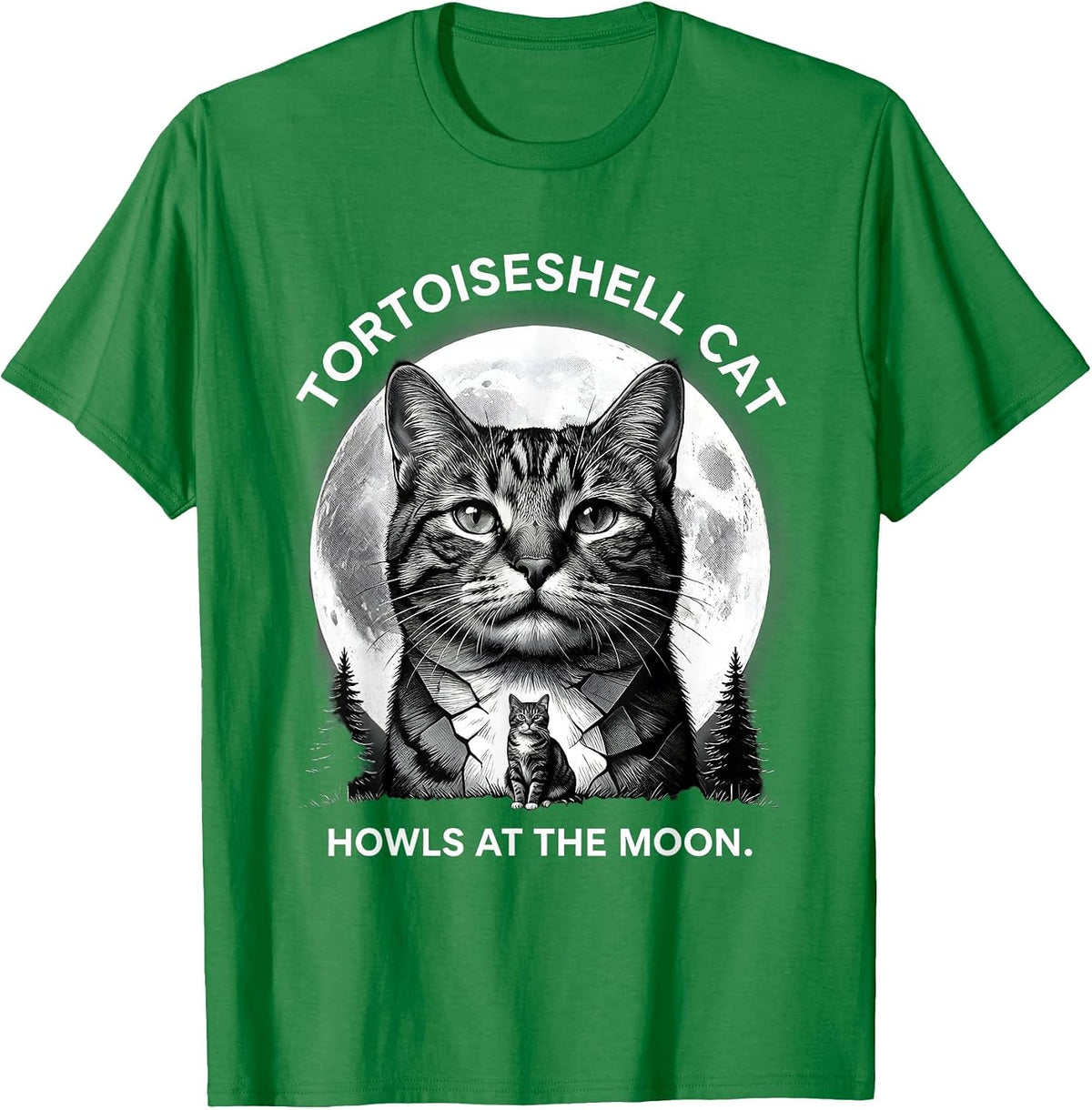 Men's Tortoiseshell Cat Howls at the Moon 90s Retro Novelty T-Shirt - Kelly Green