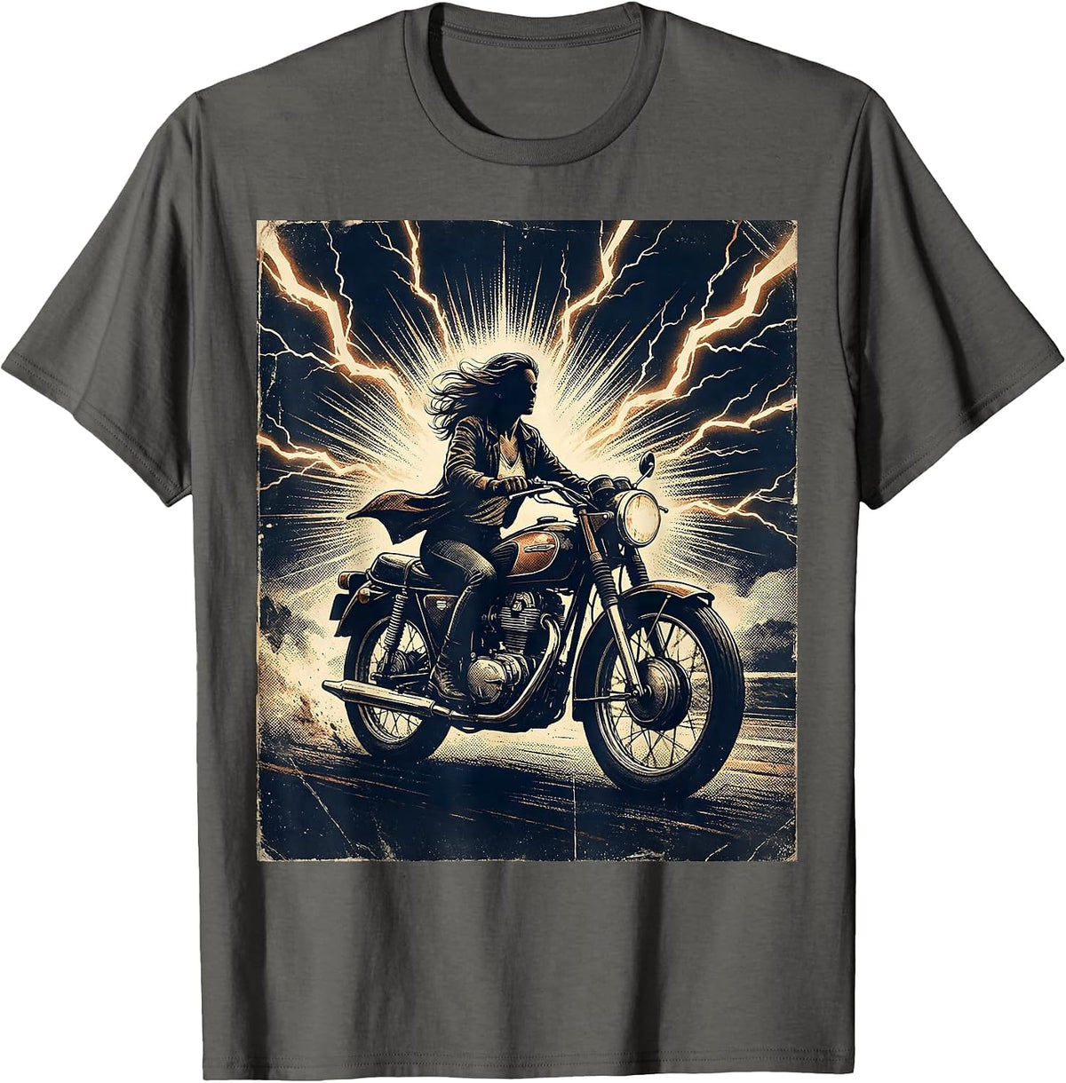 Woman Rider Storm Lightning Motorcycle Graphic T-Shirt - Asphalt Grey