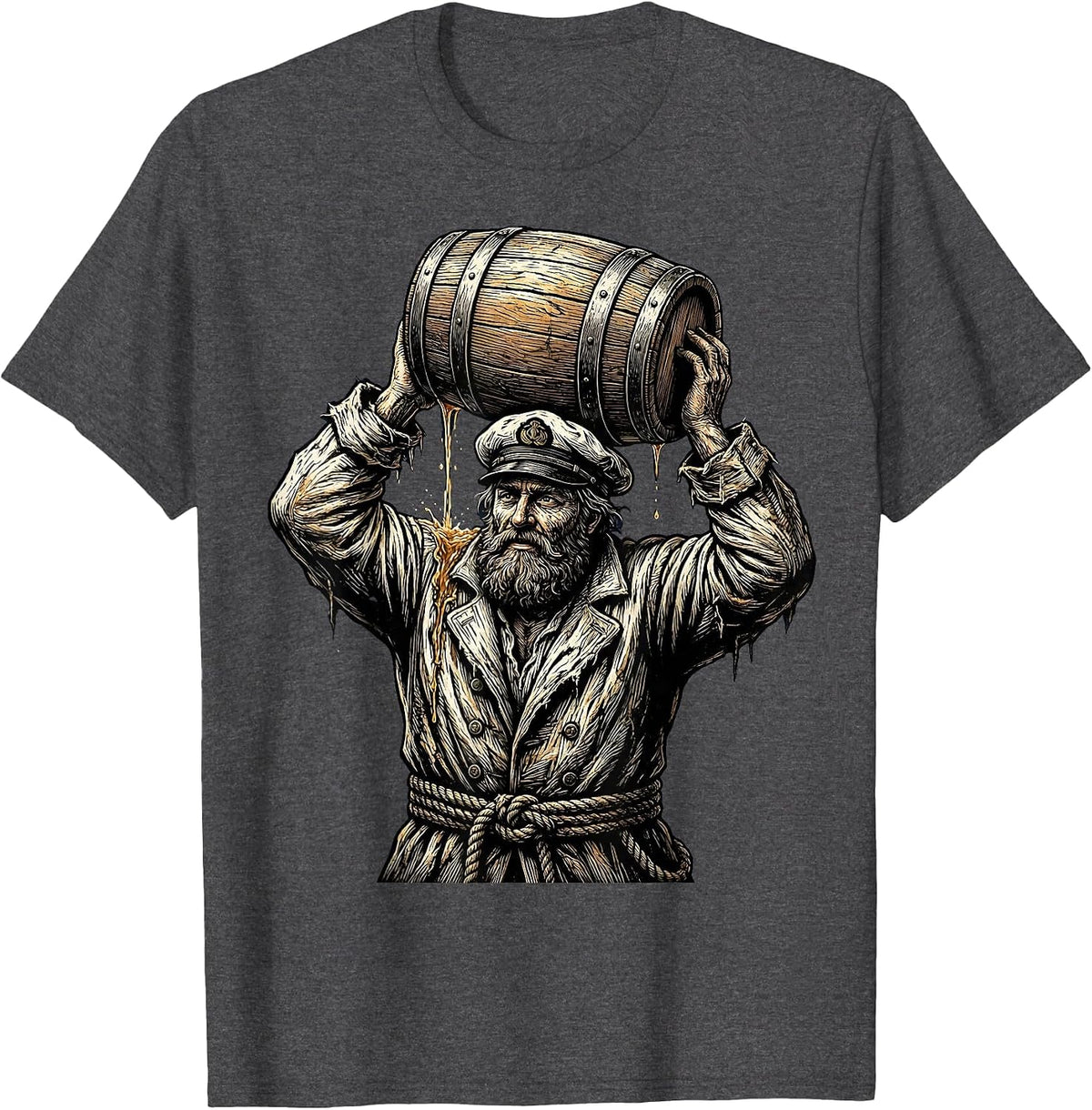 Grizzled Sailor Drinking from Wooden Keg T-Shirt - Dark Heather Grey