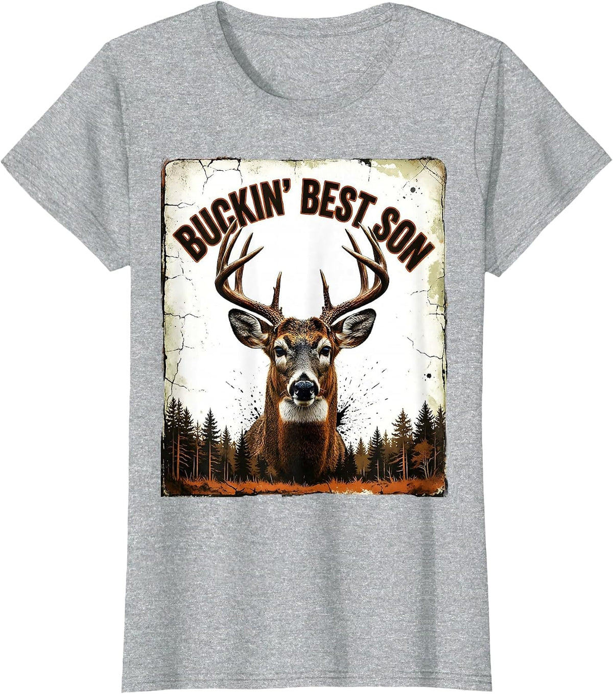 Women's Buckin Best Son Distressed Whitetail Buck Deer Hunting Dad T-Shirt - Heather Grey