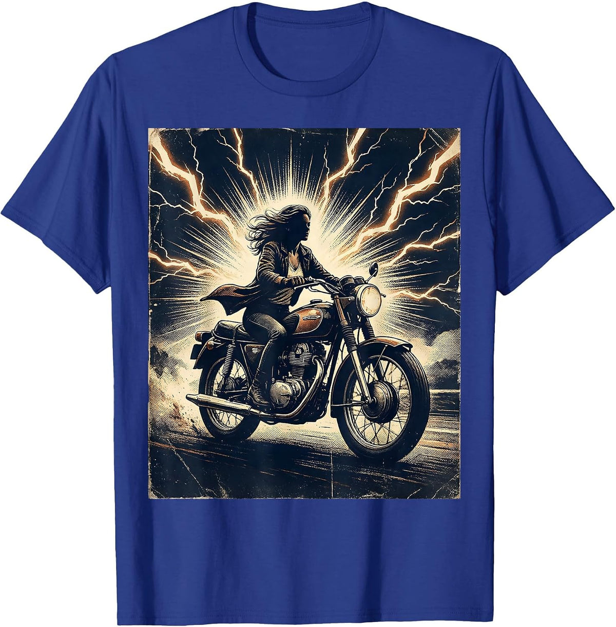 Woman Rider Storm Lightning Motorcycle Graphic T-Shirt - Royal Blue