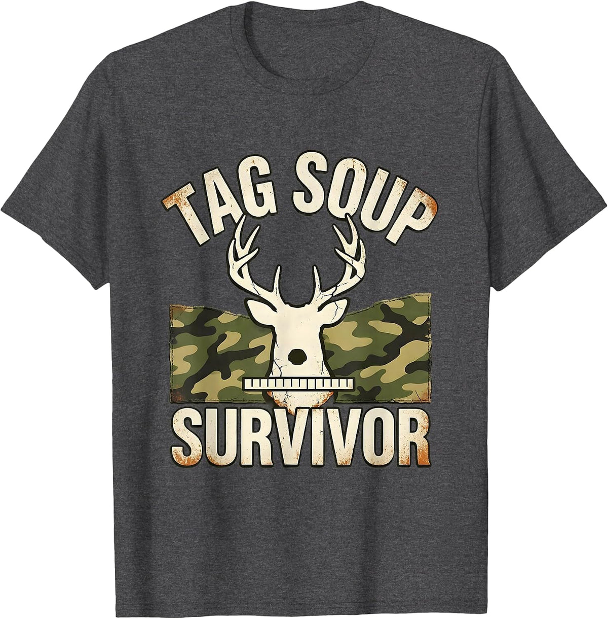 Men's TAG SOUP SURVIVOR Distressed Deer Hunting Camo Hunter Gift T-Shirt - Dark Heather Grey